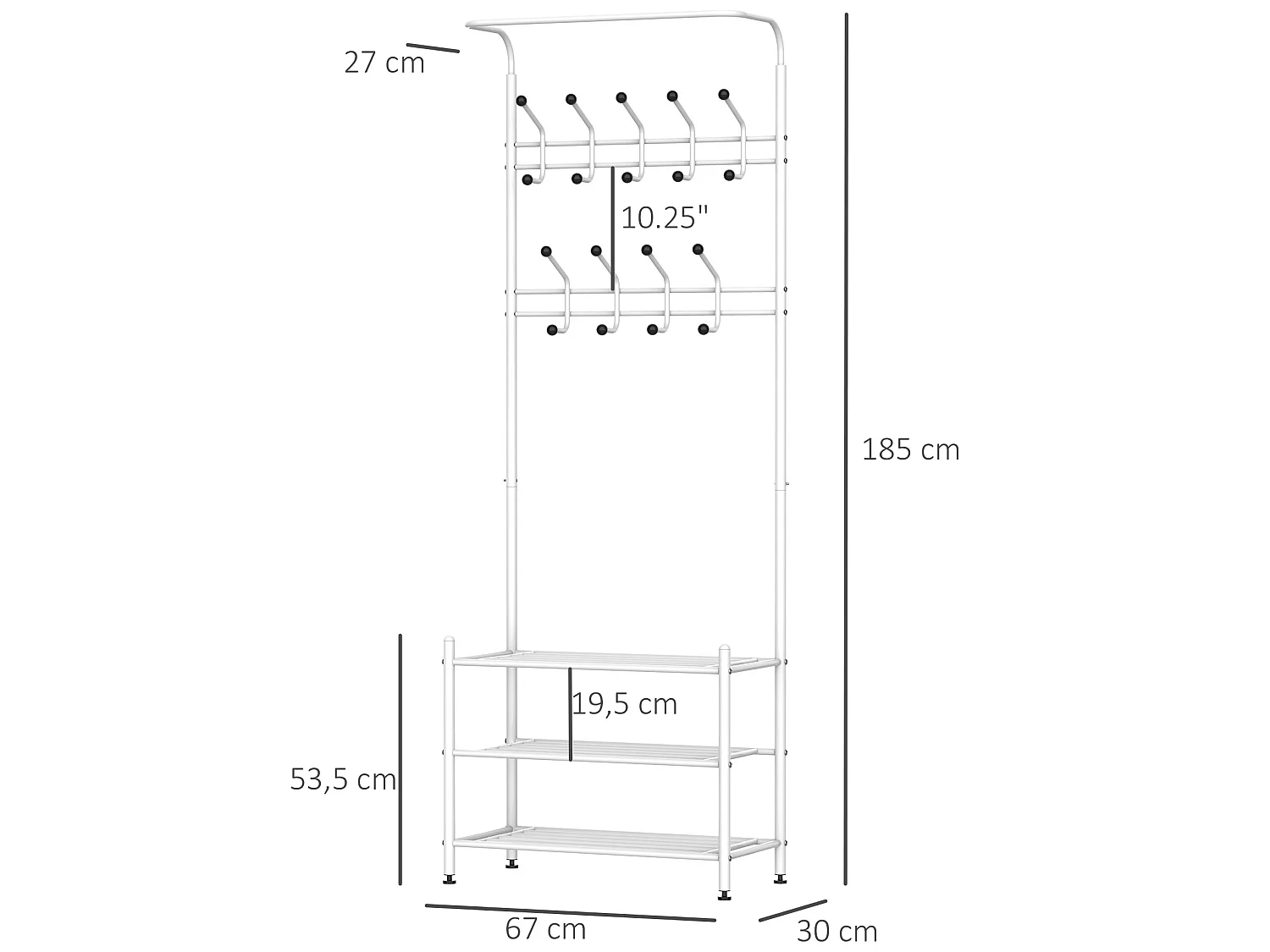 Portant vêtement porte-manteaux vestiaire d'entrée style contemporain multi-rangements 67L x 30l x 185H cm blanc