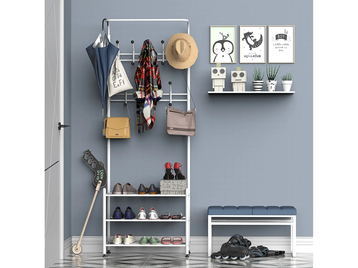 Portant vêtement porte-manteaux vestiaire d'entrée style contemporain multi-rangements 67L x 30l x 185H cm blanc