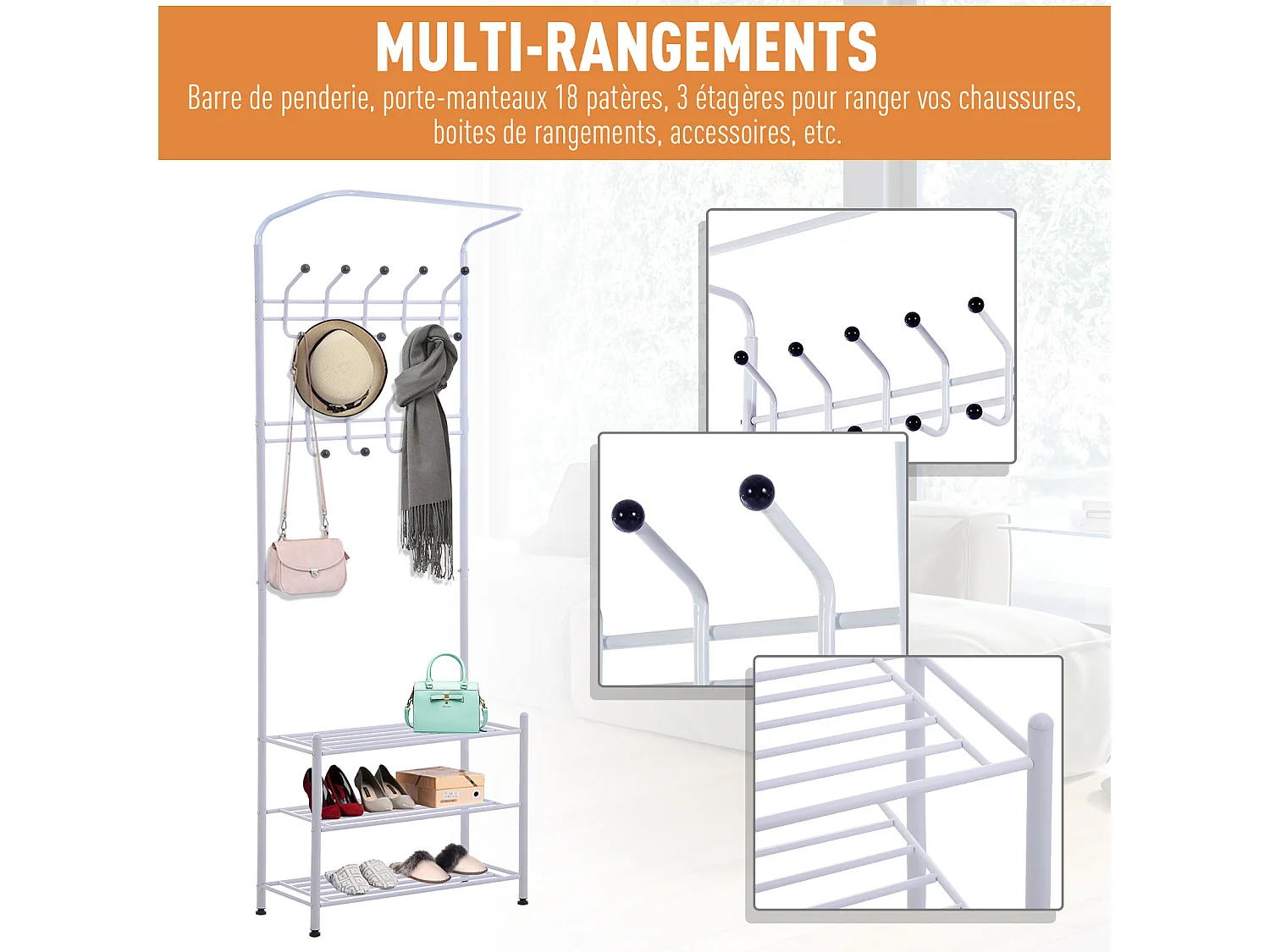 Portant vêtement porte-manteaux vestiaire d'entrée style contemporain multi-rangements 67L x 30l x 185H cm blanc