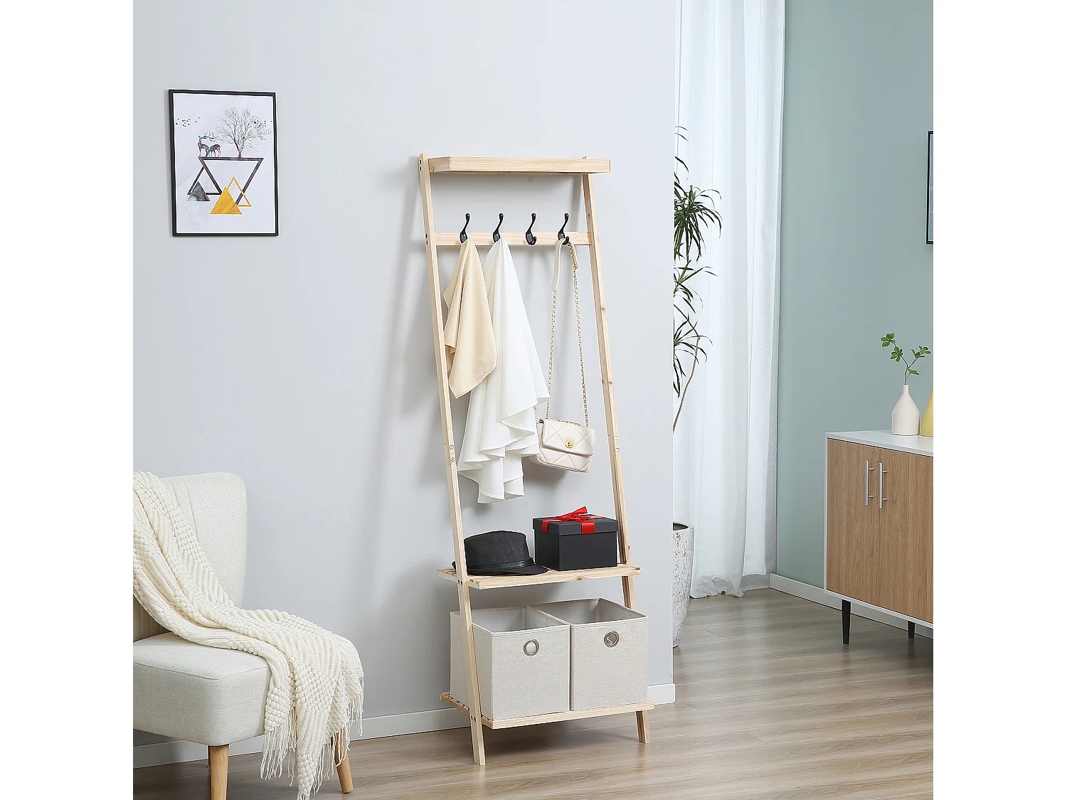 HOMCOM Vestiaire d'entrée porte-manteau 4 patères double 2 paniers polyester gris clair 2 étagères bois de sapin