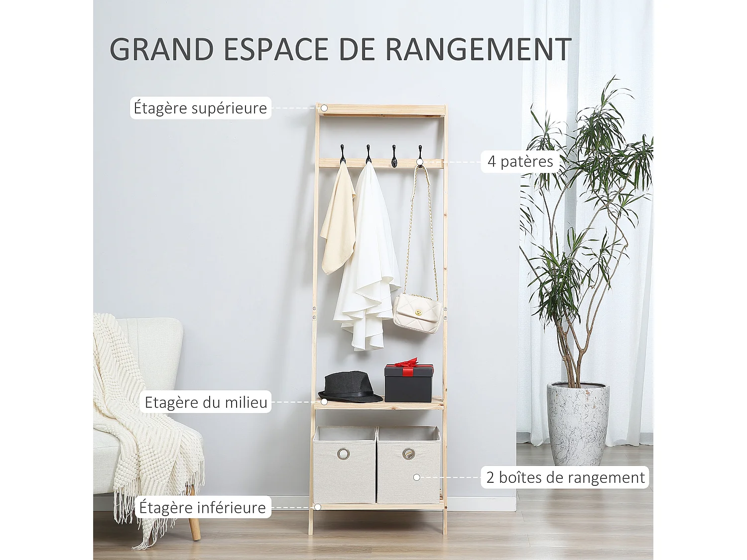 HOMCOM Vestiaire d'entrée porte-manteau 4 patères double 2 paniers polyester gris clair 2 étagères bois de sapin