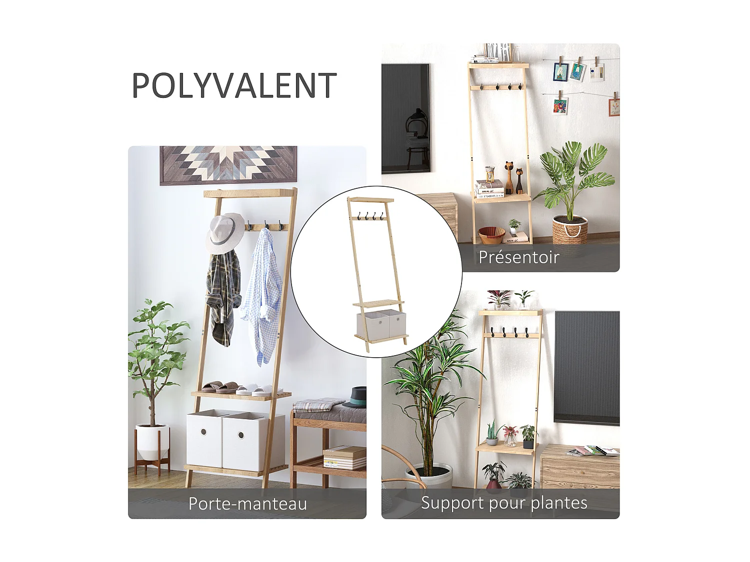 HOMCOM Vestiaire d'entrée porte-manteau 4 patères double 2 paniers polyester gris clair 2 étagères bois de sapin