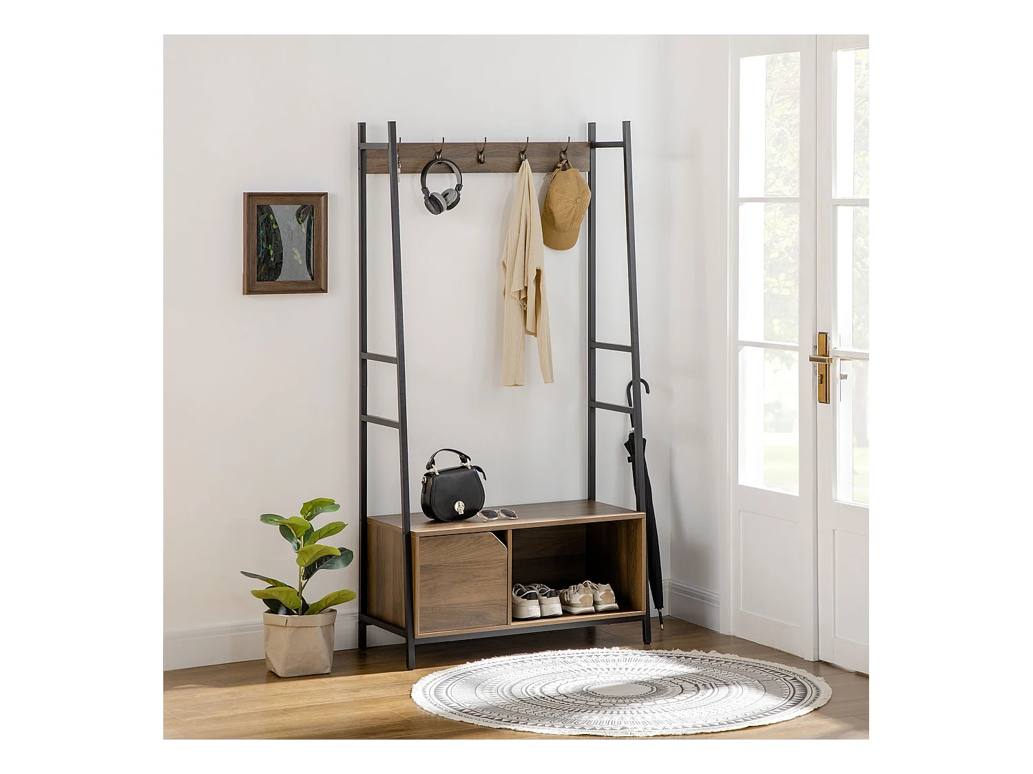 Vestiaire d'entrée style industriel - 5 patères doubles, placard porte, niche, banc - dim. 84L x 40l x 169H cm - métal noir panneaux aspect bois