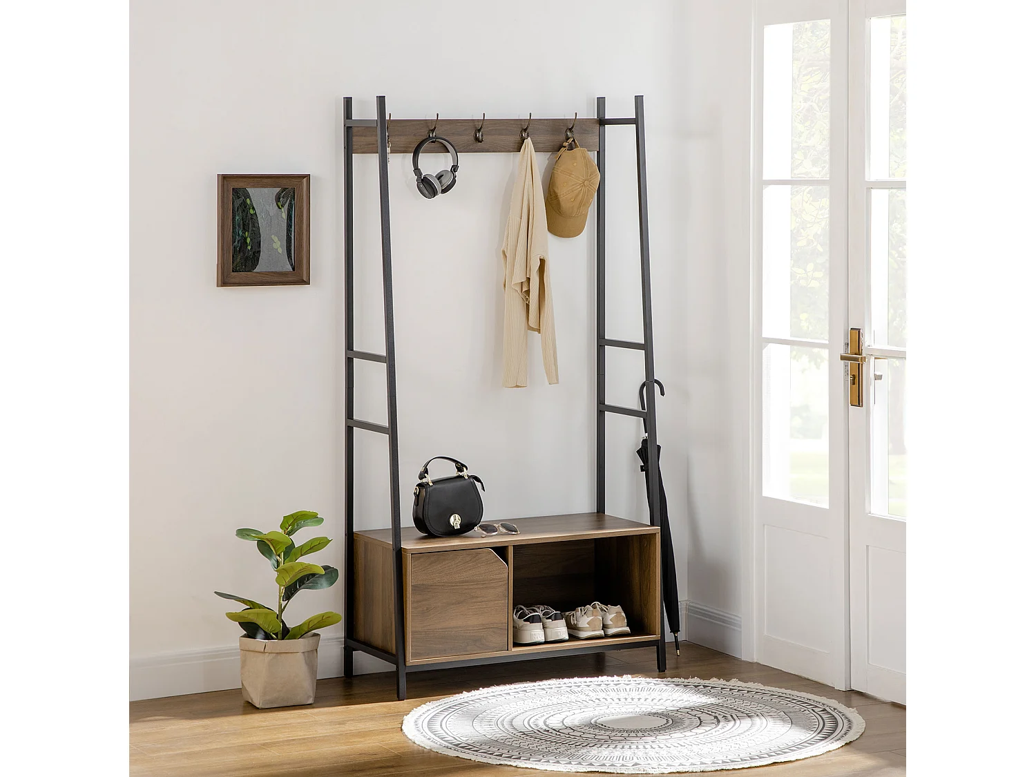Vestiaire d'entrée style industriel - 5 patères doubles, placard porte, niche, banc - dim. 84L x 40l x 169H cm - métal noir panneaux aspect bois