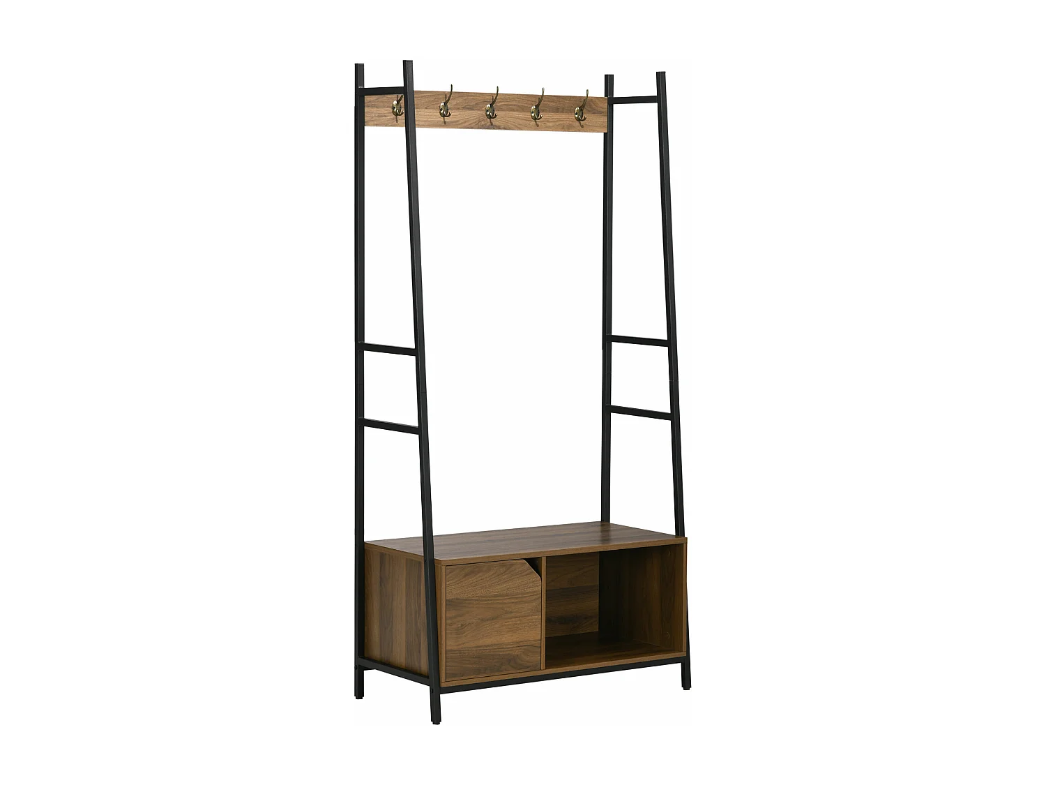 Vestiaire d'entrée style industriel - 5 patères doubles, placard porte, niche, banc - dim. 84L x 40l x 169H cm - métal noir panneaux aspect bois