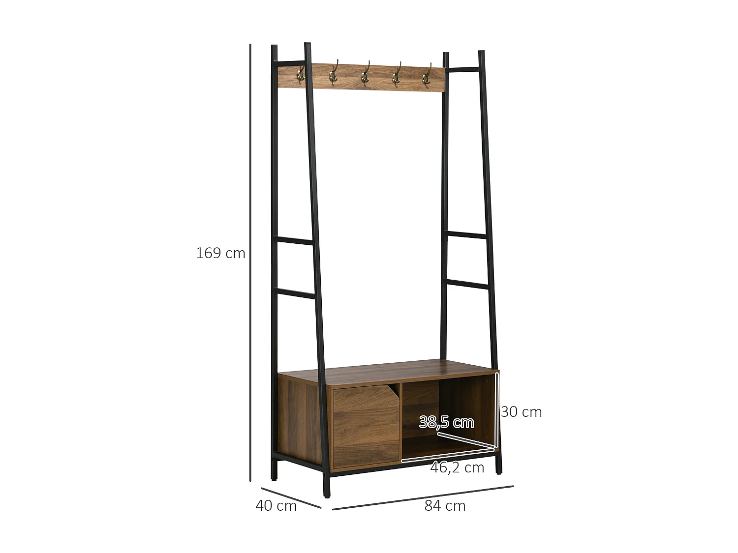 Vestiaire d'entrée style industriel - 5 patères doubles, placard porte, niche, banc - dim. 84L x 40l x 169H cm - métal noir panneaux aspect bois