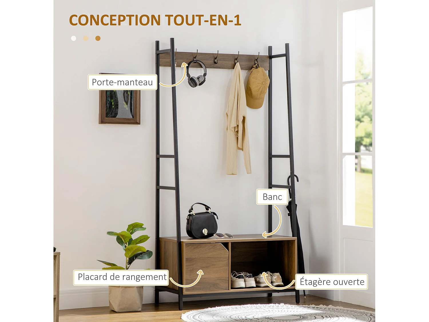 Vestiaire d'entrée style industriel - 5 patères doubles, placard porte, niche, banc - dim. 84L x 40l x 169H cm - métal noir panneaux aspect bois