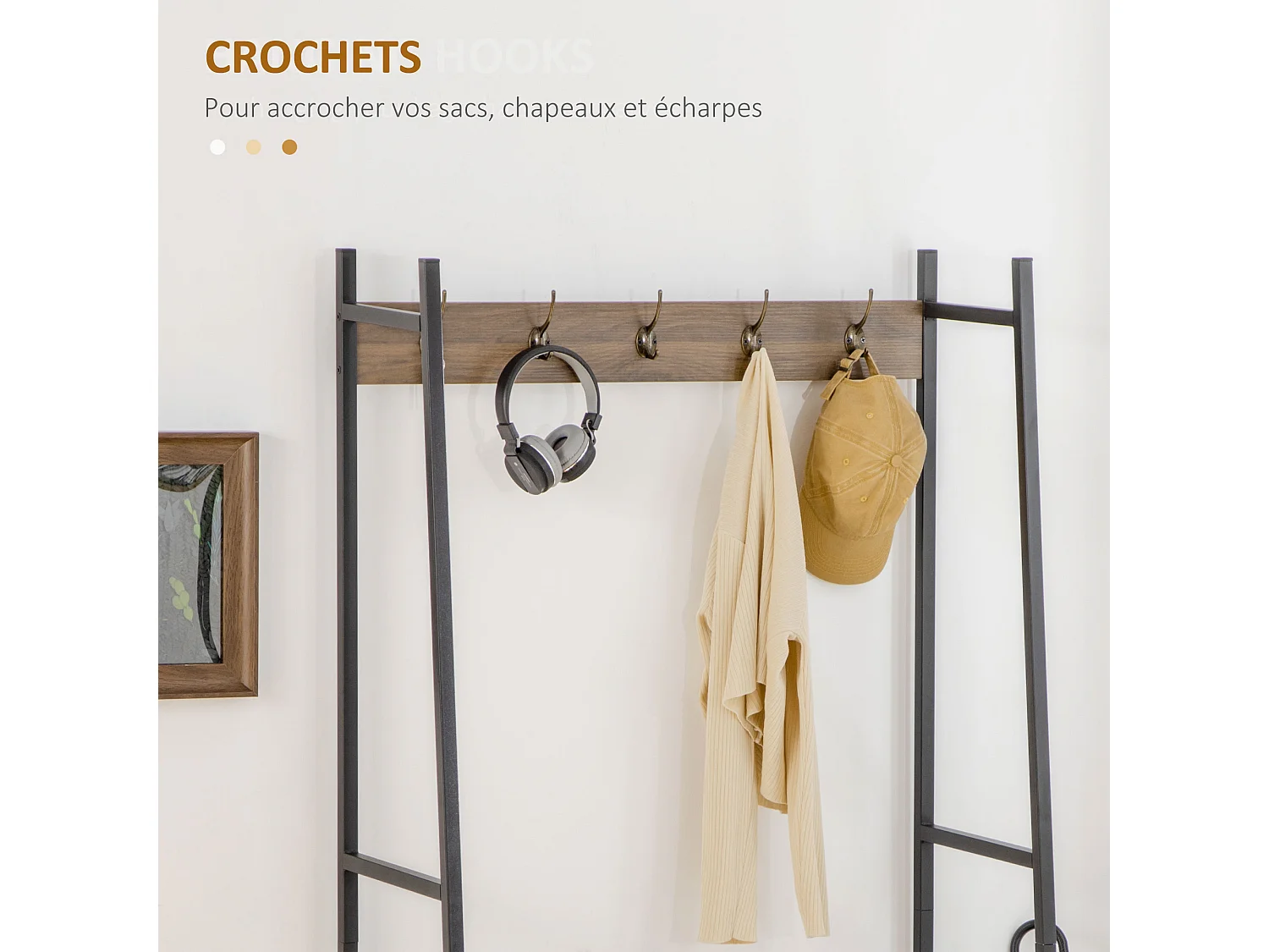 Vestiaire d'entrée style industriel - 5 patères doubles, placard porte, niche, banc - dim. 84L x 40l x 169H cm - métal noir panneaux aspect bois