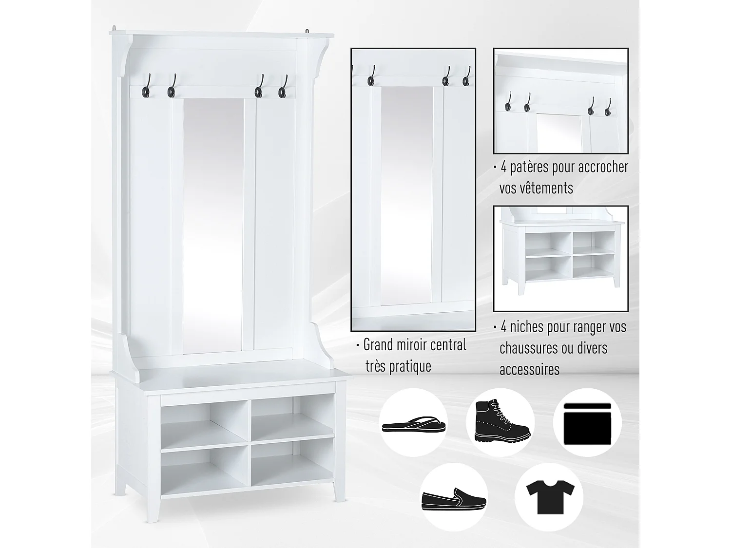 Porte-manteau vestiaire d'entrée banc style néo-rétro dim. 80L x 40l x 170H cm 4 étagères 4 patères double crochet miroir MDF panneaux particules blanc