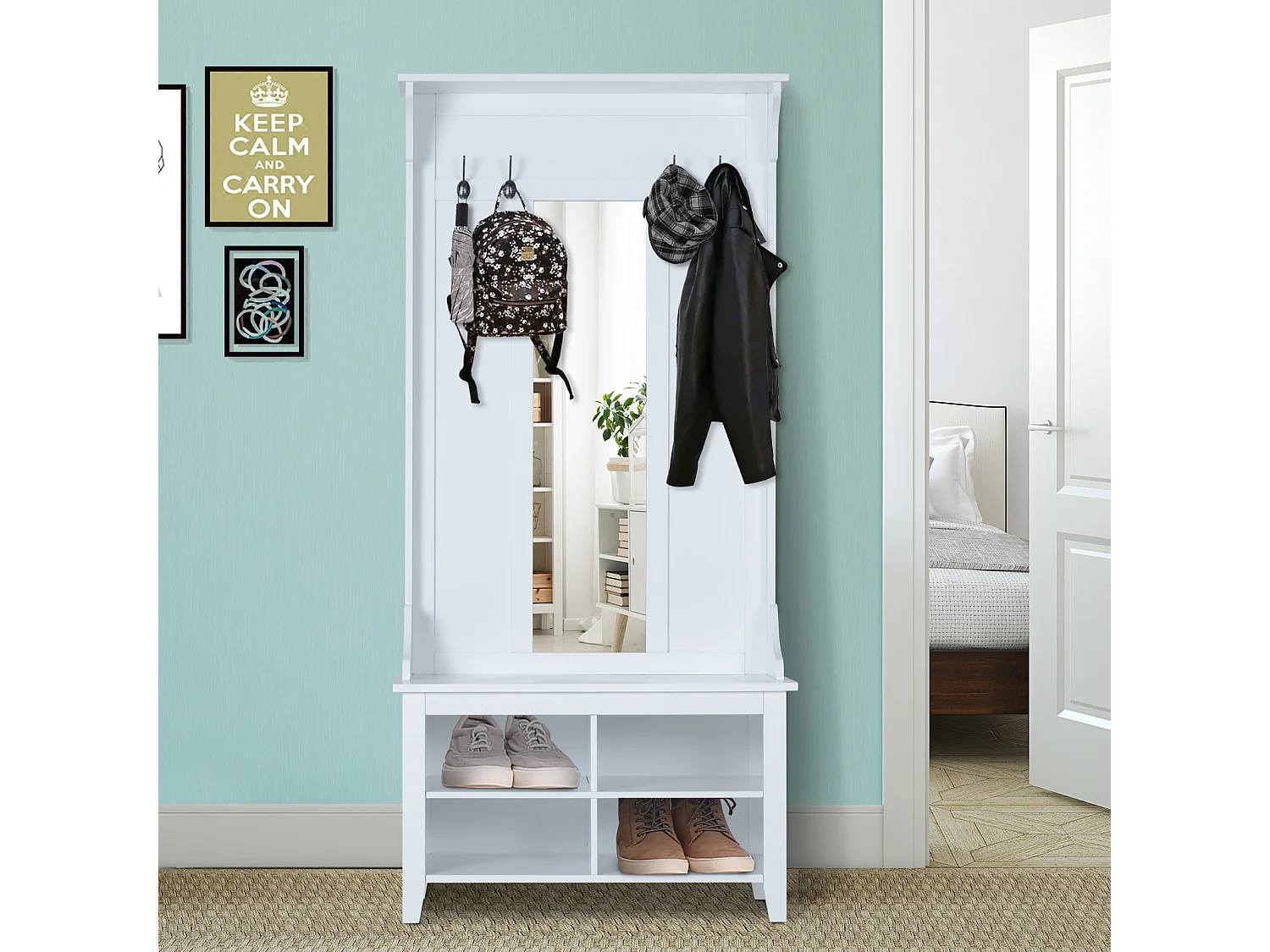 Porte-manteau vestiaire d'entrée banc style néo-rétro dim. 80L x 40l x 170H cm 4 étagères 4 patères double crochet miroir MDF panneaux particules blanc