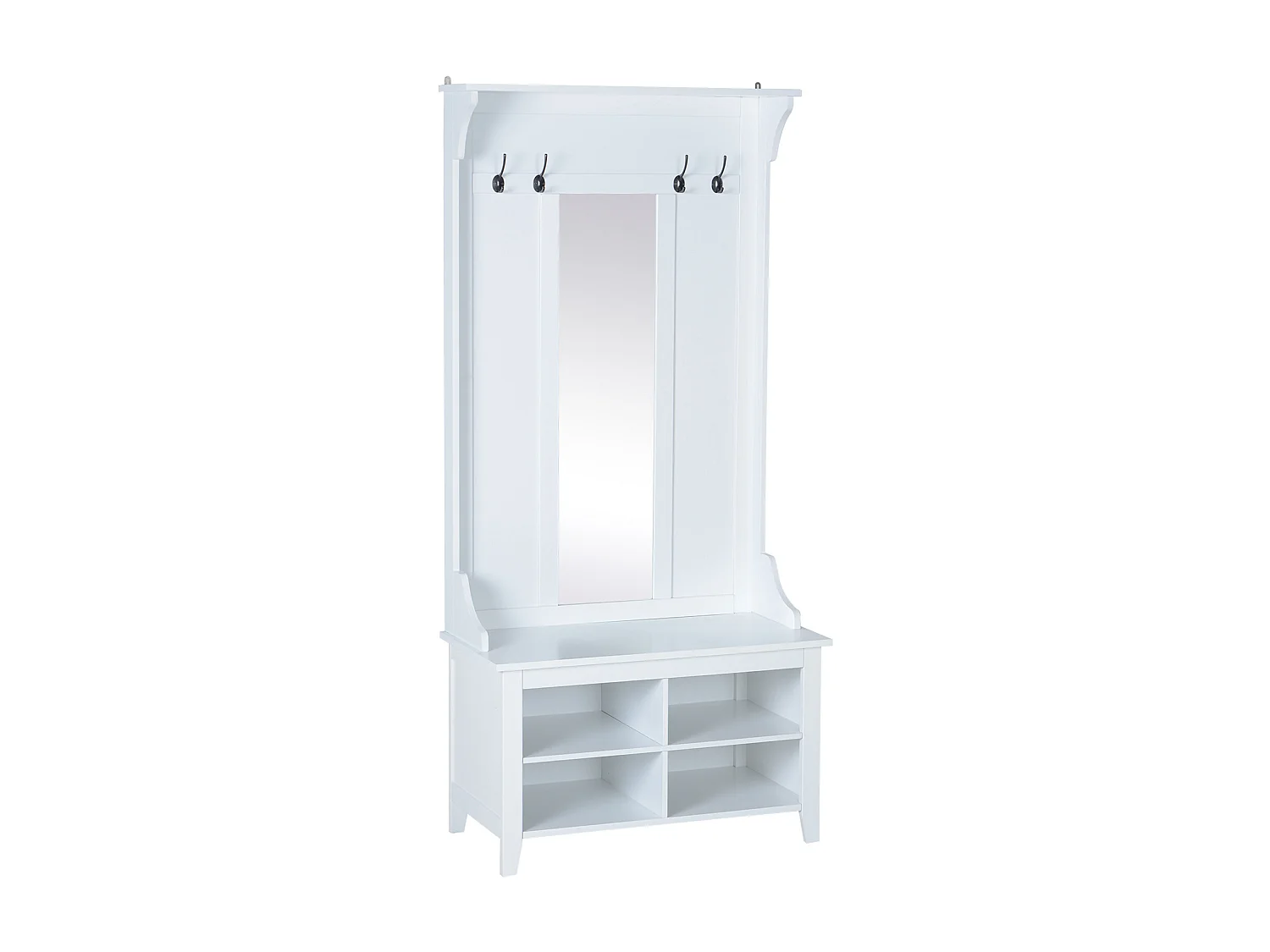 Porte-manteau vestiaire d'entrée banc style néo-rétro dim. 80L x 40l x 170H cm 4 étagères 4 patères double crochet miroir MDF panneaux particules blanc