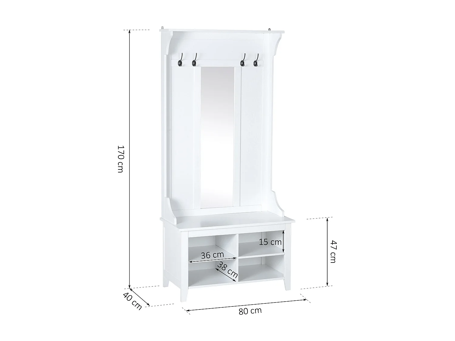 Porte-manteau vestiaire d'entrée banc style néo-rétro dim. 80L x 40l x 170H cm 4 étagères 4 patères double crochet miroir MDF panneaux particules blanc