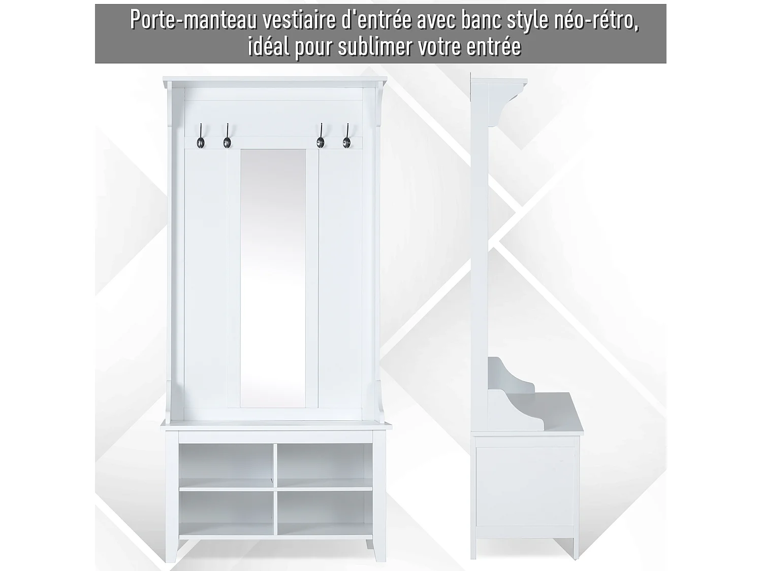 Porte-manteau vestiaire d'entrée banc style néo-rétro dim. 80L x 40l x 170H cm 4 étagères 4 patères double crochet miroir MDF panneaux particules blanc