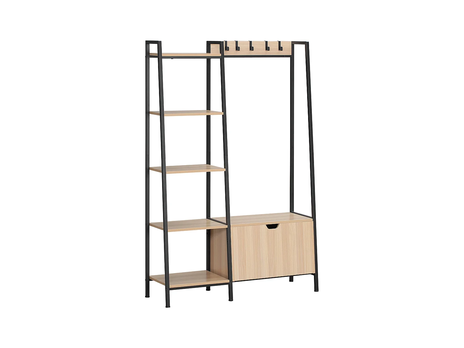 Vestiaire d'entrée style industriel - 5 patères, 5 étagères, coffre - dim. 105L x 34l x 160H cm - acier noir panneaux aspect chêne clair