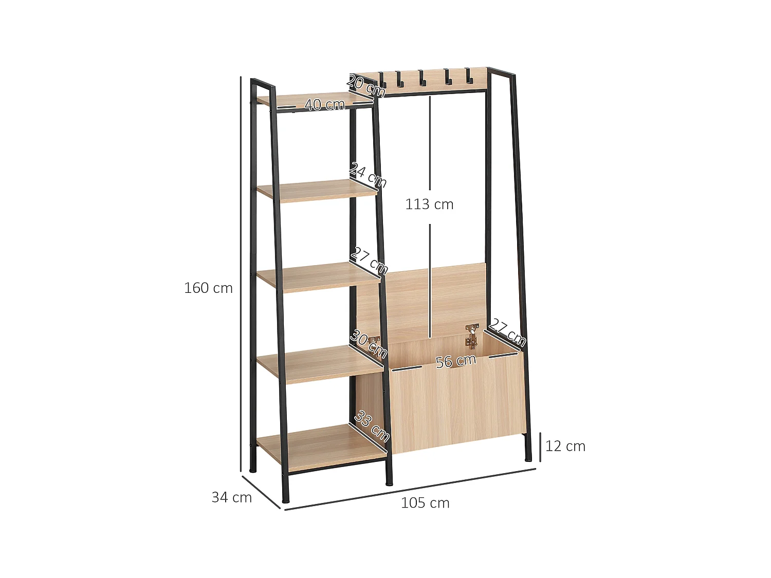 Vestiaire d'entrée style industriel - 5 patères, 5 étagères, coffre - dim. 105L x 34l x 160H cm - acier noir panneaux aspect chêne clair