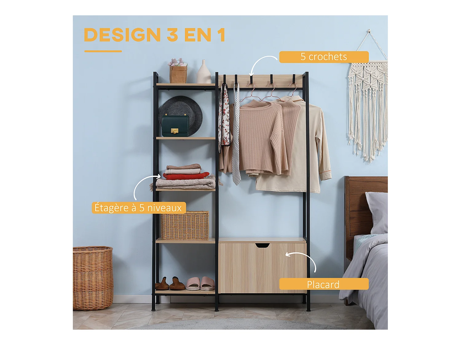 Vestiaire d'entrée style industriel - 5 patères, 5 étagères, coffre - dim. 105L x 34l x 160H cm - acier noir panneaux aspect chêne clair