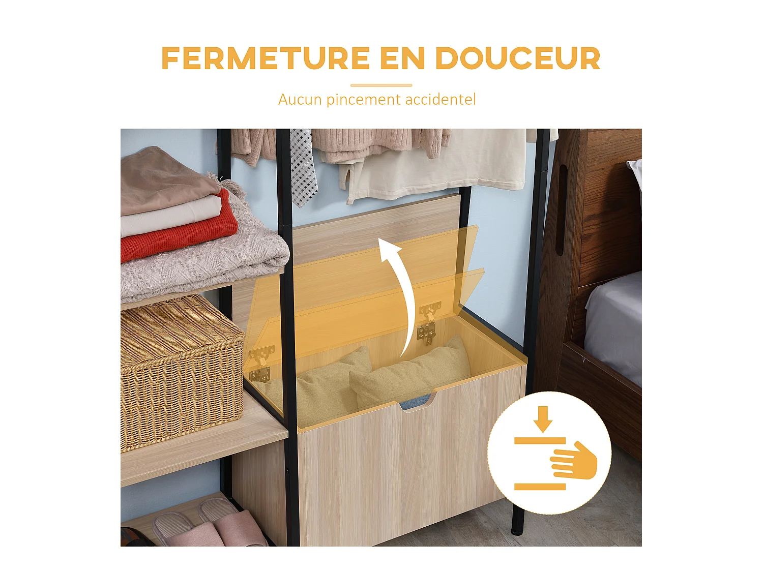 Vestiaire d'entrée style industriel - 5 patères, 5 étagères, coffre - dim. 105L x 34l x 160H cm - acier noir panneaux aspect chêne clair