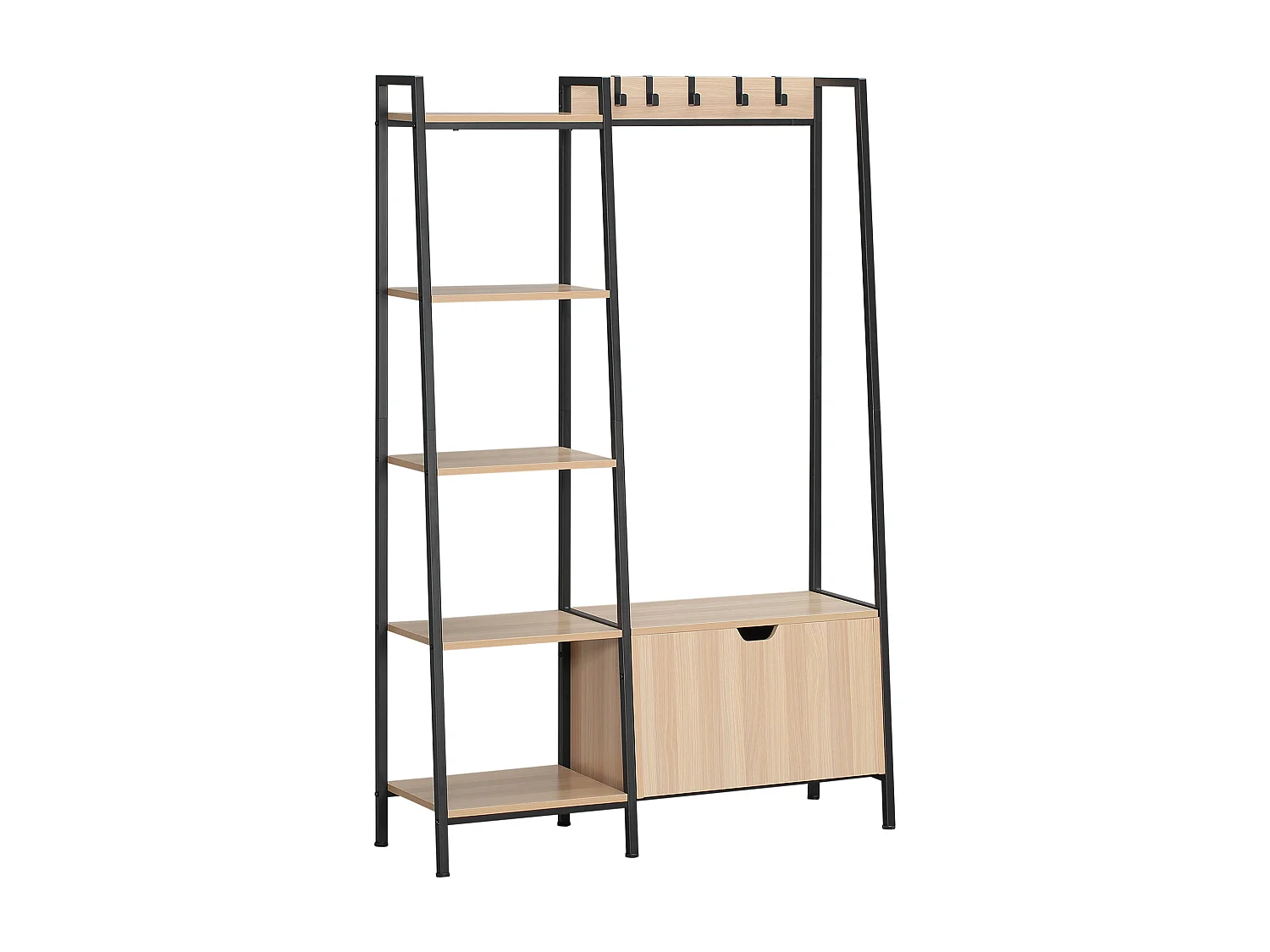 Vestiaire d'entrée style industriel - 5 patères, 5 étagères, coffre - dim. 105L x 34l x 160H cm - acier noir panneaux aspect chêne clair