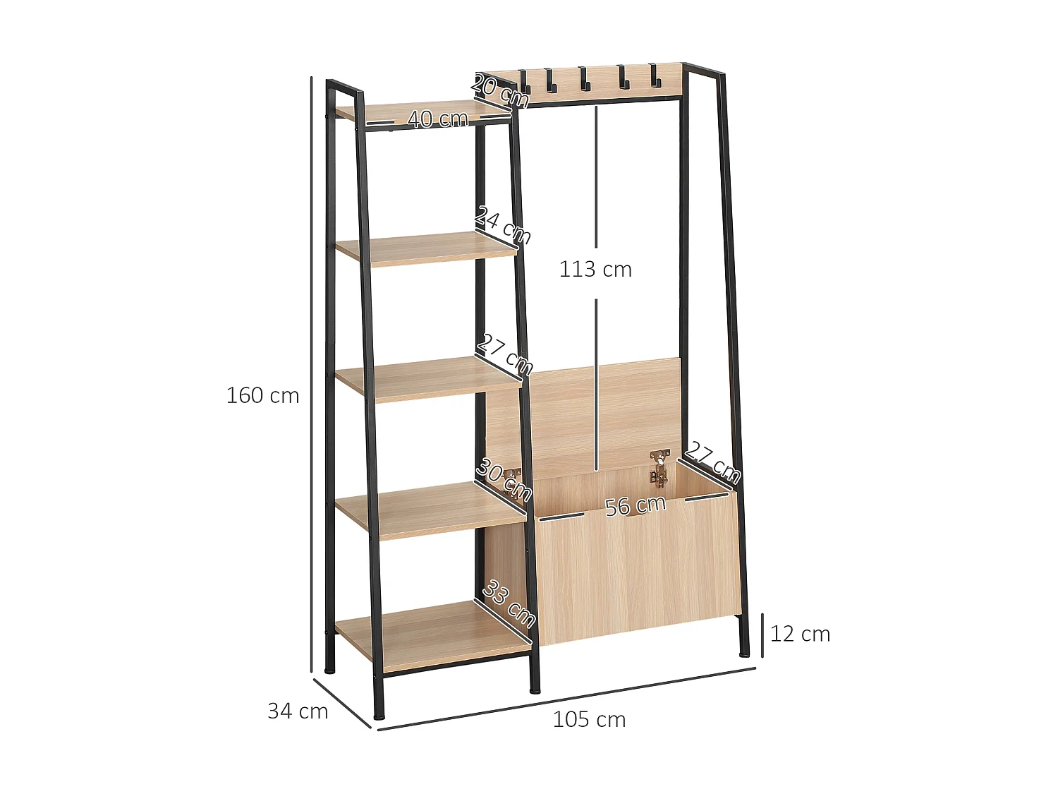 Vestiaire d'entrée style industriel - 5 patères, 5 étagères, coffre - dim. 105L x 34l x 160H cm - acier noir panneaux aspect chêne clair