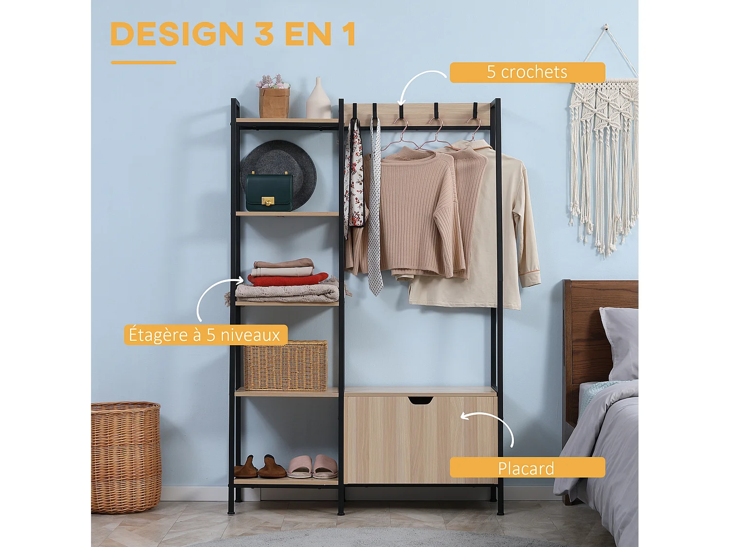 Vestiaire d'entrée style industriel - 5 patères, 5 étagères, coffre - dim. 105L x 34l x 160H cm - acier noir panneaux aspect chêne clair