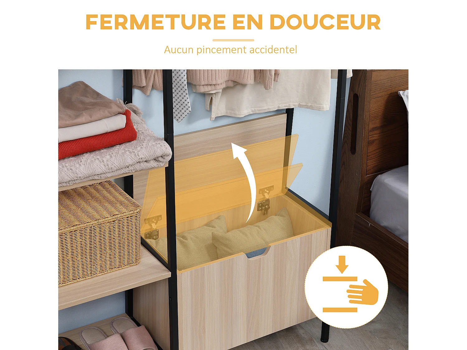 Vestiaire d'entrée style industriel - 5 patères, 5 étagères, coffre - dim. 105L x 34l x 160H cm - acier noir panneaux aspect chêne clair