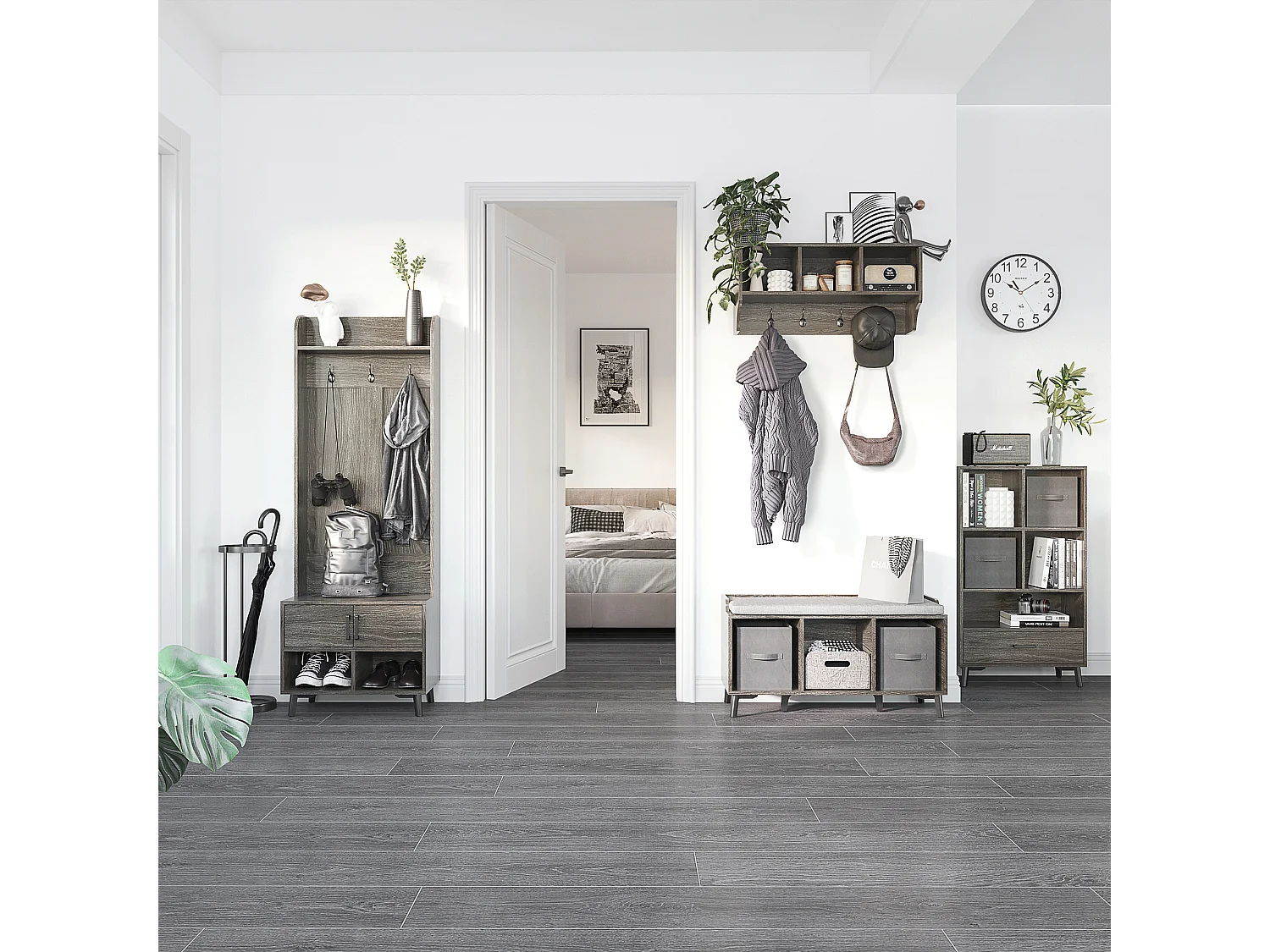 Vestiaire d'entrée style industriel - 3 patères doubles, 2 portes, 2 niches, étagère, banc - métal noir panneaux aspect bois gris