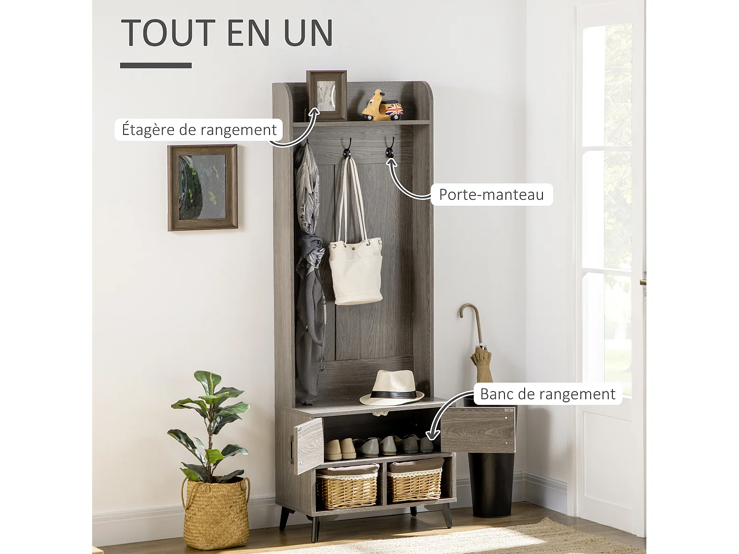Vestiaire d'entrée style industriel - 3 patères doubles, 2 portes, 2 niches, étagère, banc - métal noir panneaux aspect bois gris
