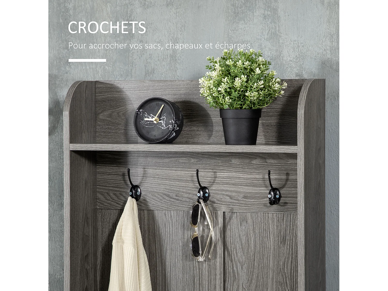 Vestiaire d'entrée style industriel - 3 patères doubles, 2 portes, 2 niches, étagère, banc - métal noir panneaux aspect bois gris