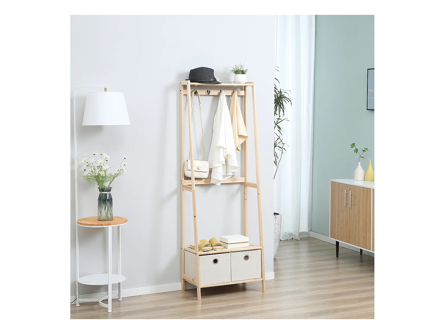 HOMCOM Vestiaire d'entrée porte-manteau 4 patères 2 tiroirs polyester gris clair 2 étagères bois de sapin