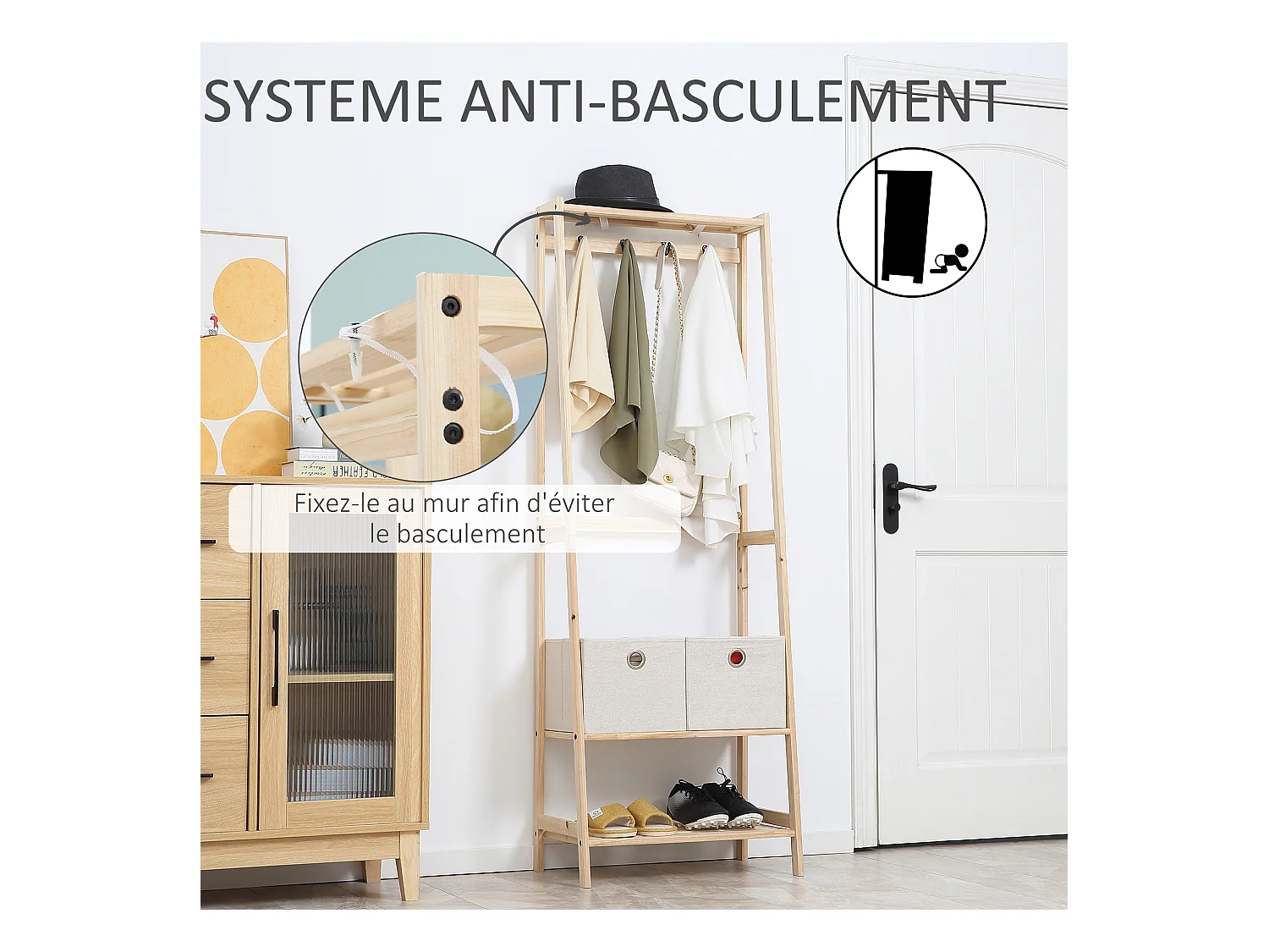 HOMCOM Vestiaire d'entrée porte-manteau 4 patères 2 tiroirs polyester gris clair 2 étagères bois de sapin