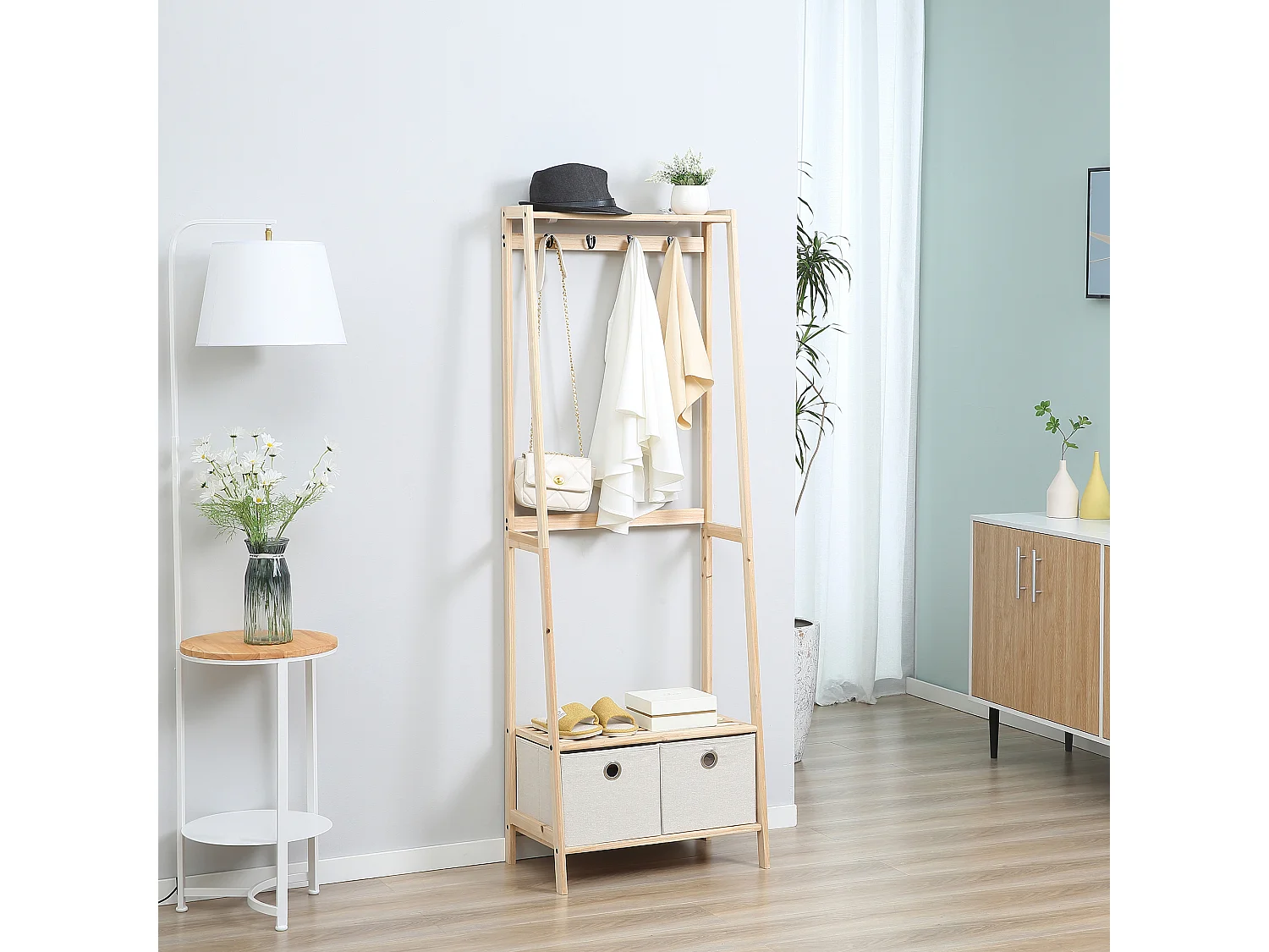 HOMCOM Vestiaire d'entrée porte-manteau 4 patères 2 tiroirs polyester gris clair 2 étagères bois de sapin