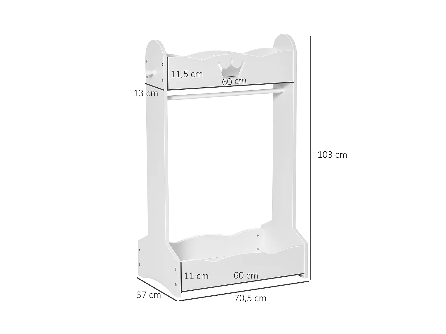 Portant enfant - penderie enfant - design couronne - 2 étagères de rangement, patère - dim. 63L x 37l x 103H cm - MDF pin blanc