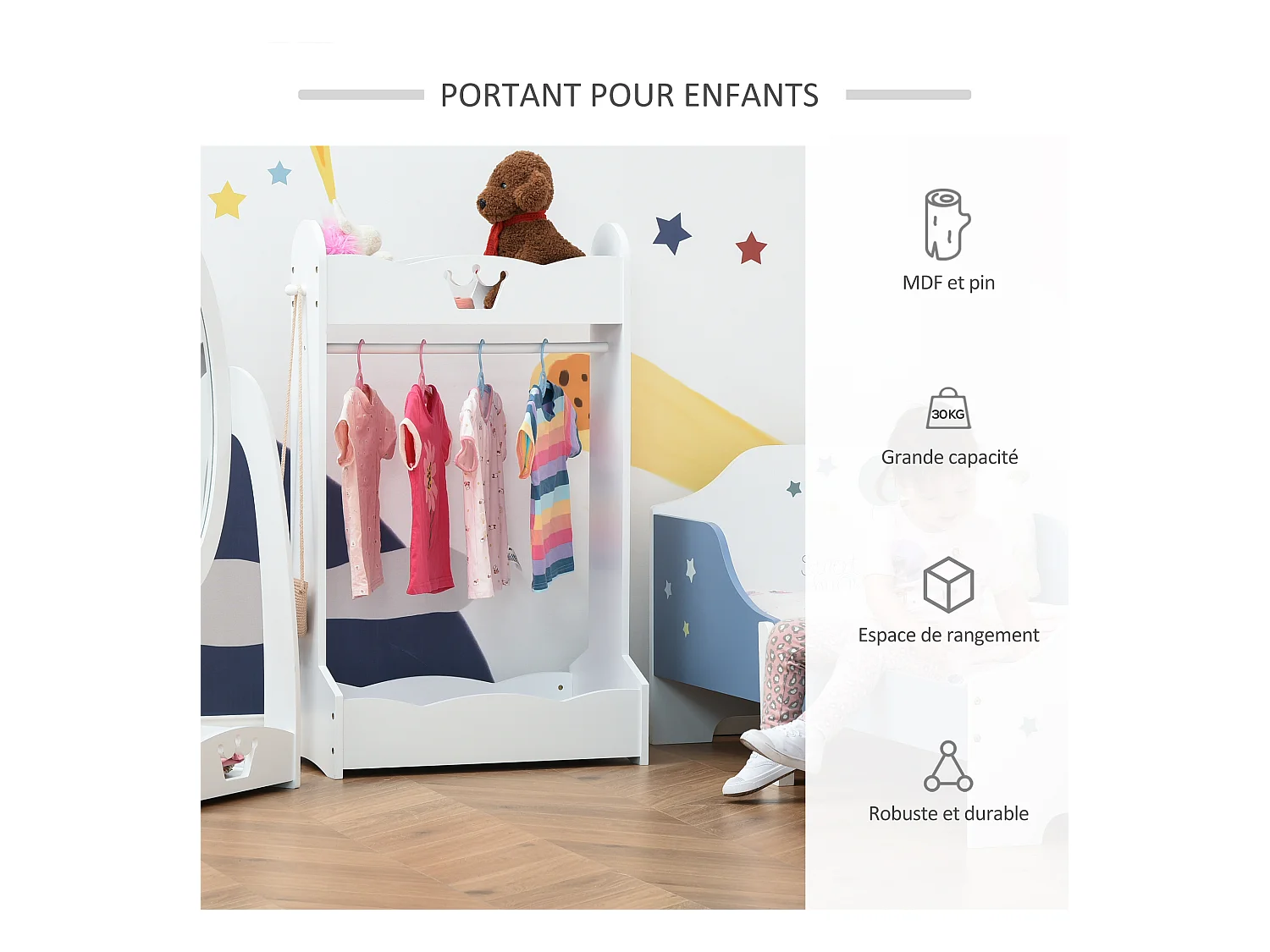 Portant enfant - penderie enfant - design couronne - 2 étagères de rangement, patère - dim. 63L x 37l x 103H cm - MDF pin blanc