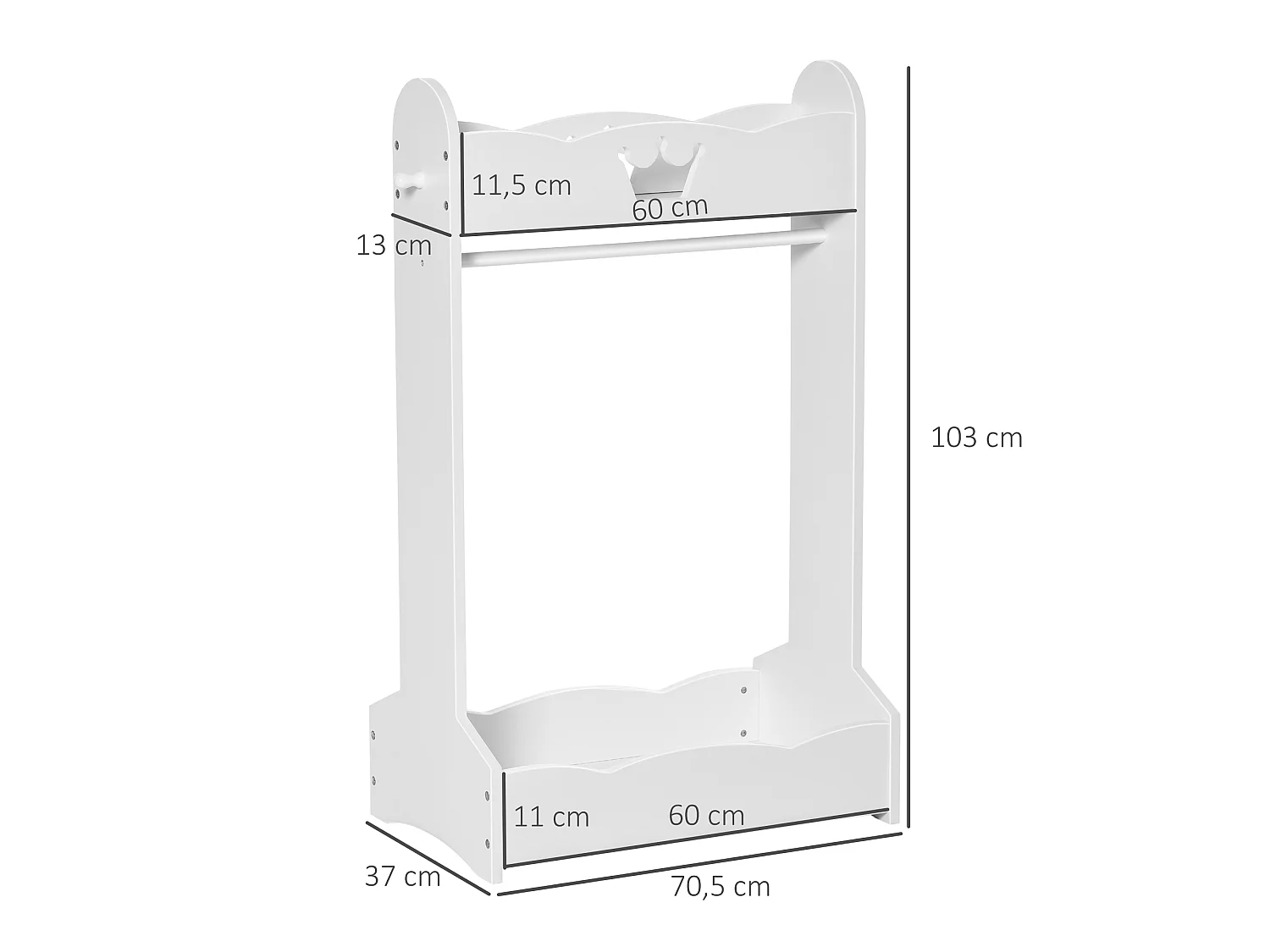 Portant enfant - penderie enfant - design couronne - 2 étagères de rangement, patère - dim. 63L x 37l x 103H cm - MDF pin blanc