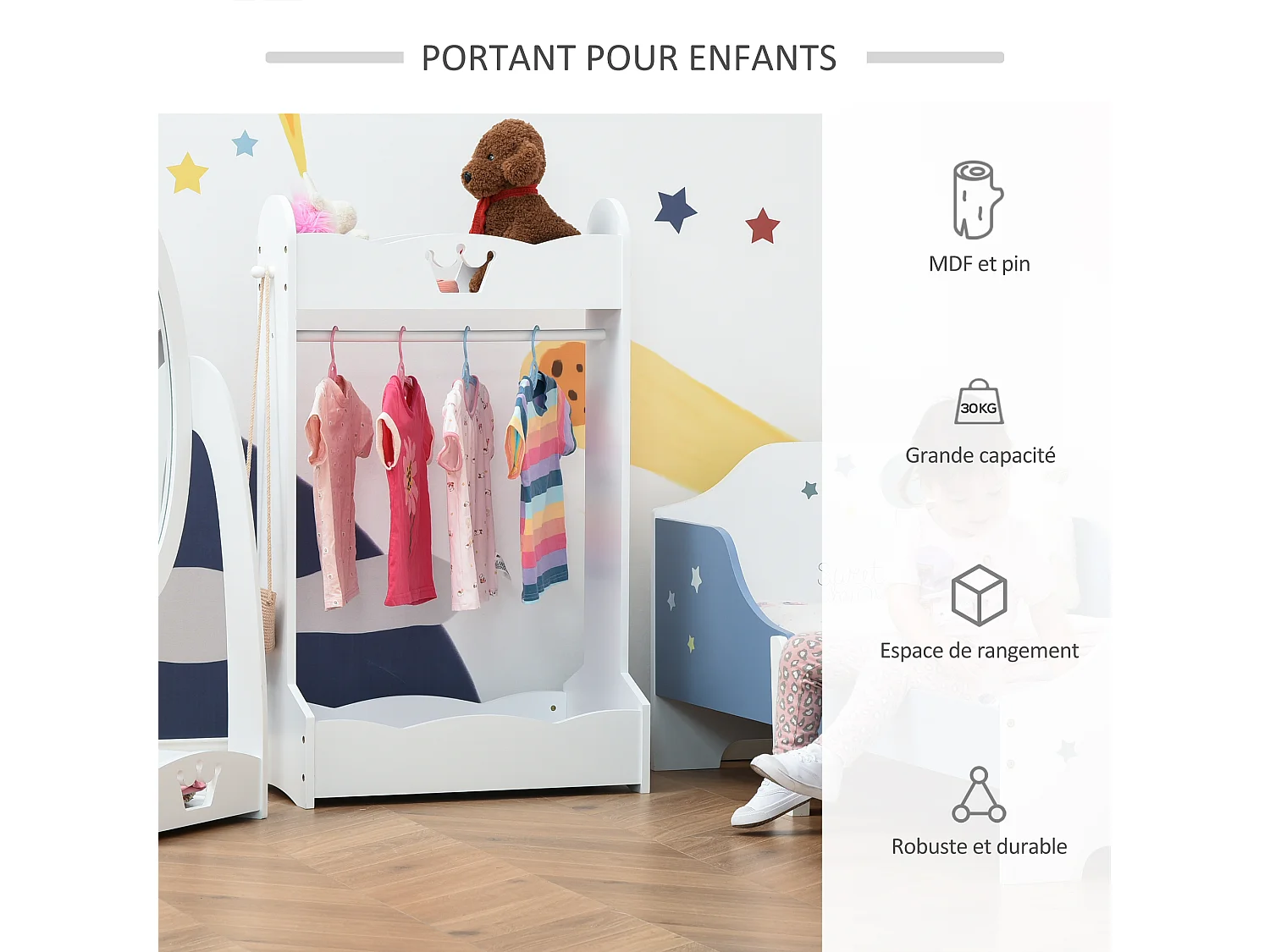 Portant enfant - penderie enfant - design couronne - 2 étagères de rangement, patère - dim. 63L x 37l x 103H cm - MDF pin blanc
