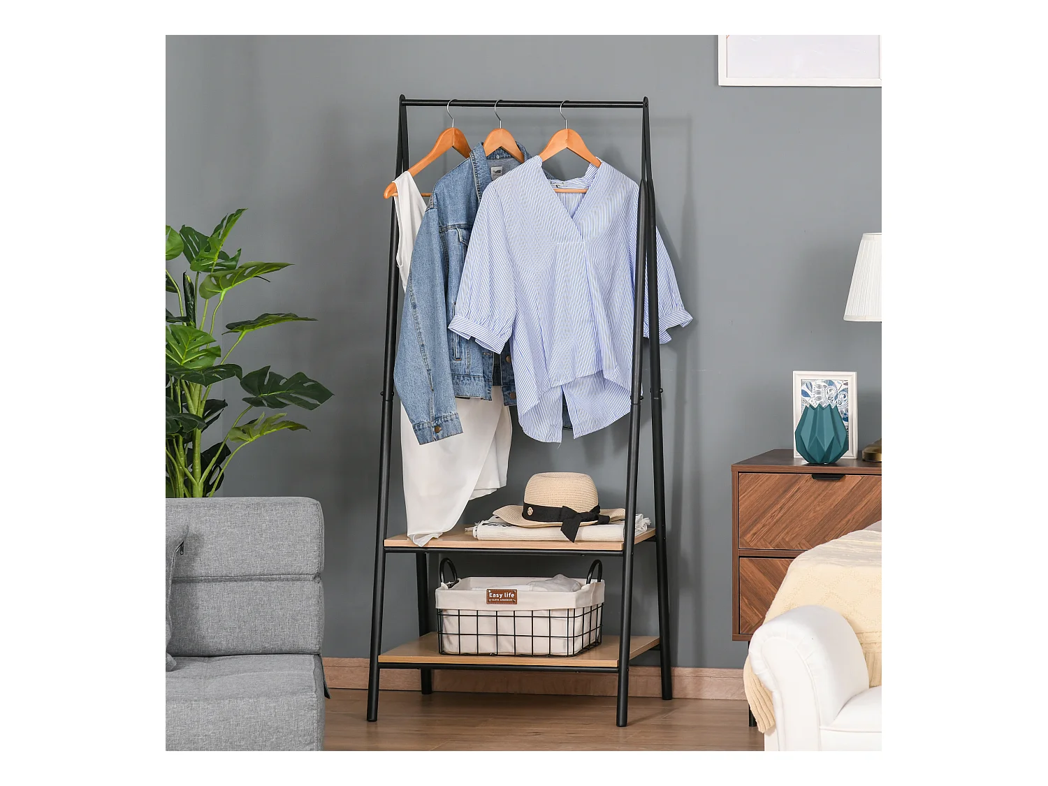 Portant à vêtements penderie style contemporain triangulaire dim. 64L x 43l x 149H cm 2 étagères MDF bois clair acier noir