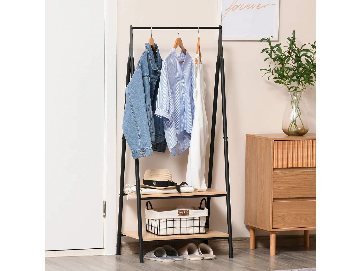 Portant à vêtements penderie style contemporain triangulaire dim. 64L x 43l x 149H cm 2 étagères MDF bois clair acier noir