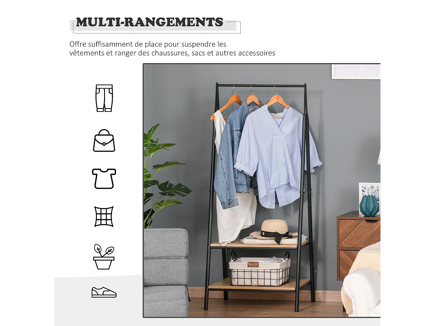 Portant à vêtements penderie style contemporain triangulaire dim. 64L x 43l x 149H cm 2 étagères MDF bois clair acier noir