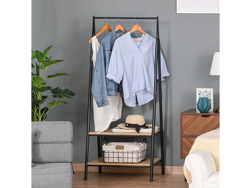 Portant à vêtements penderie style contemporain triangulaire dim. 64L x 43l x 149H cm 2 étagères MDF bois clair acier noir