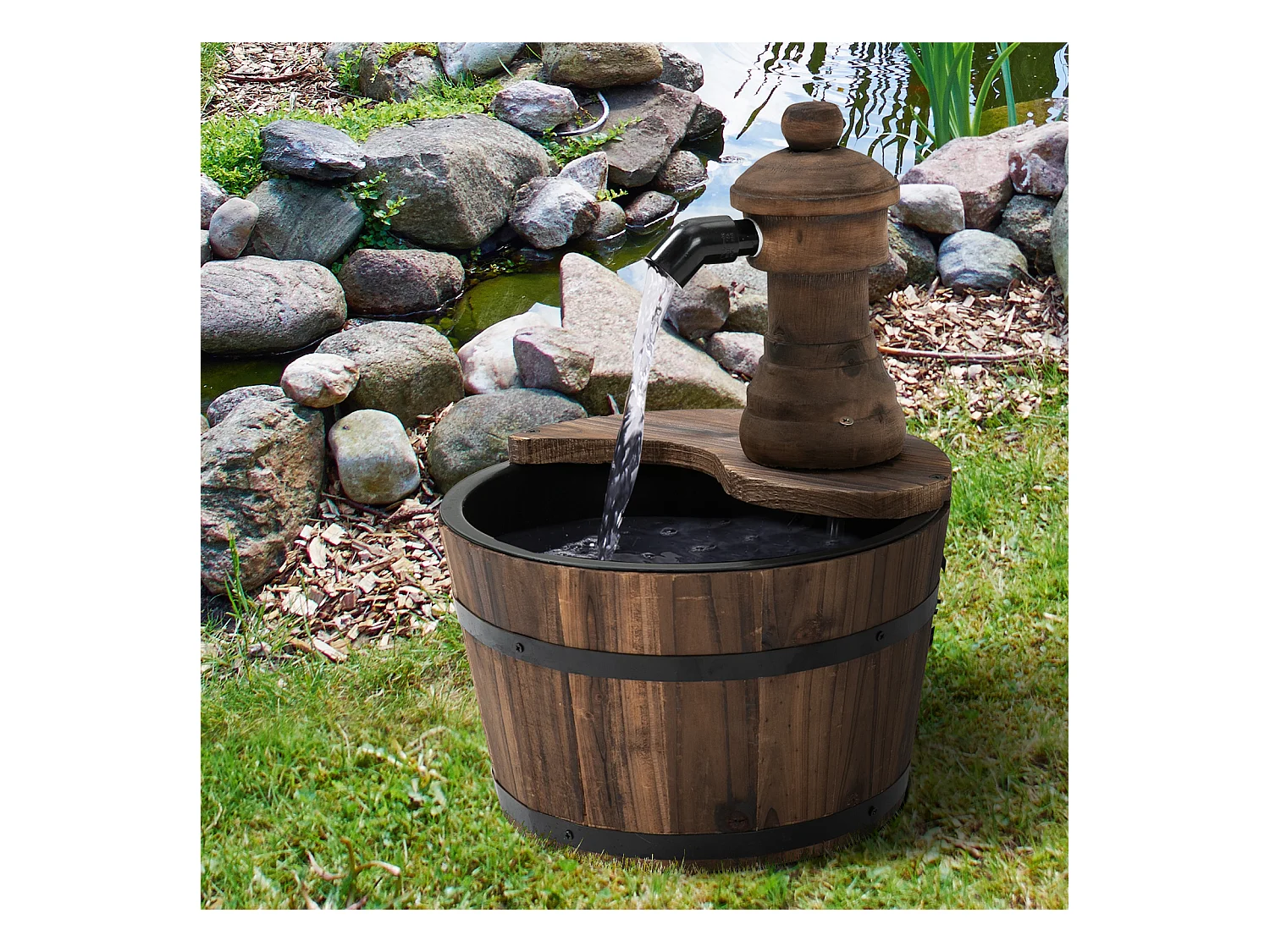 Fontaine de jardin tonneau pompe à eau submersible incluse Ø 27 x 37H cm bois de pin marron