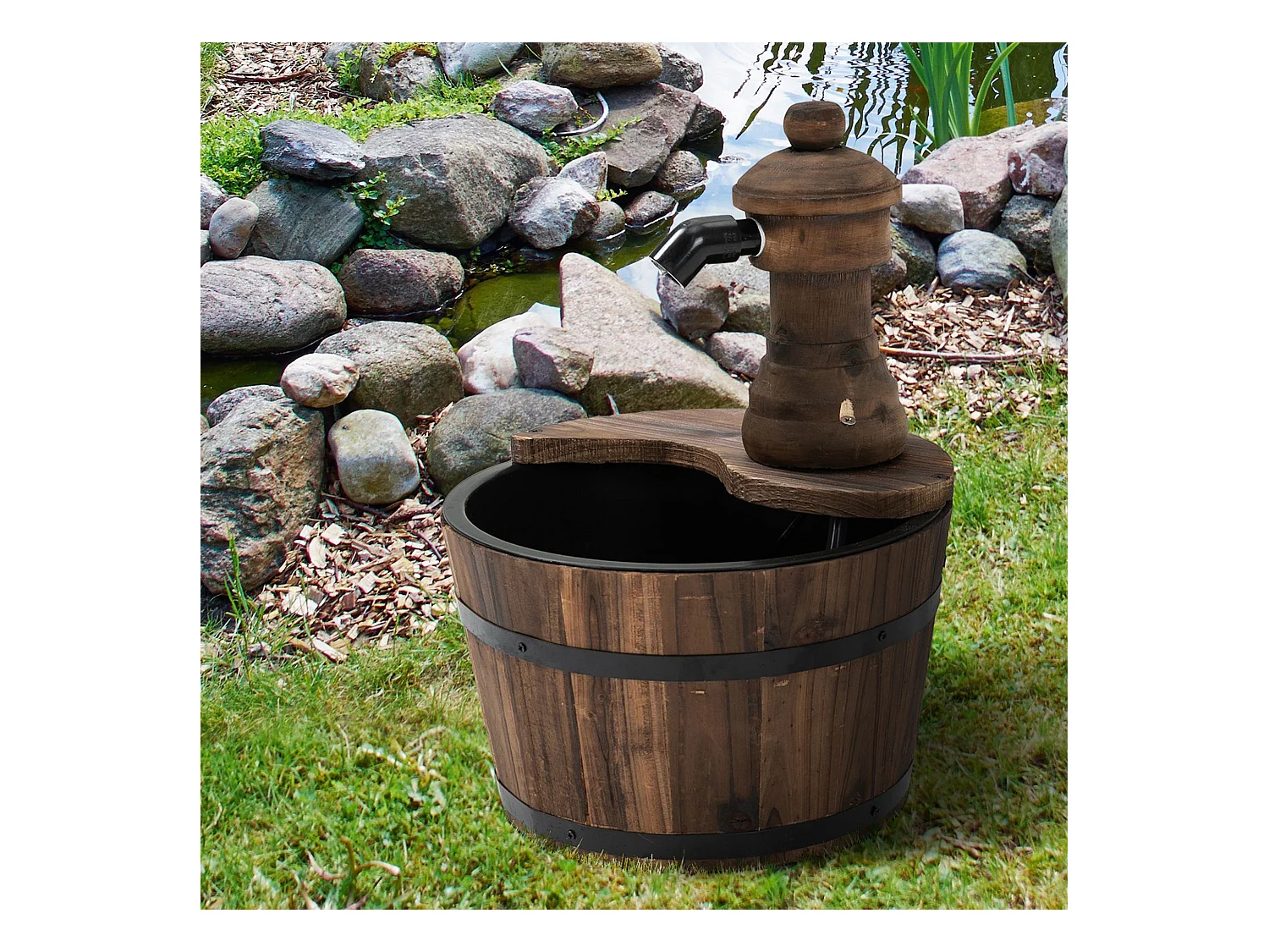 Fontaine de jardin tonneau pompe à eau submersible incluse Ø 27 x 37H cm bois de pin marron
