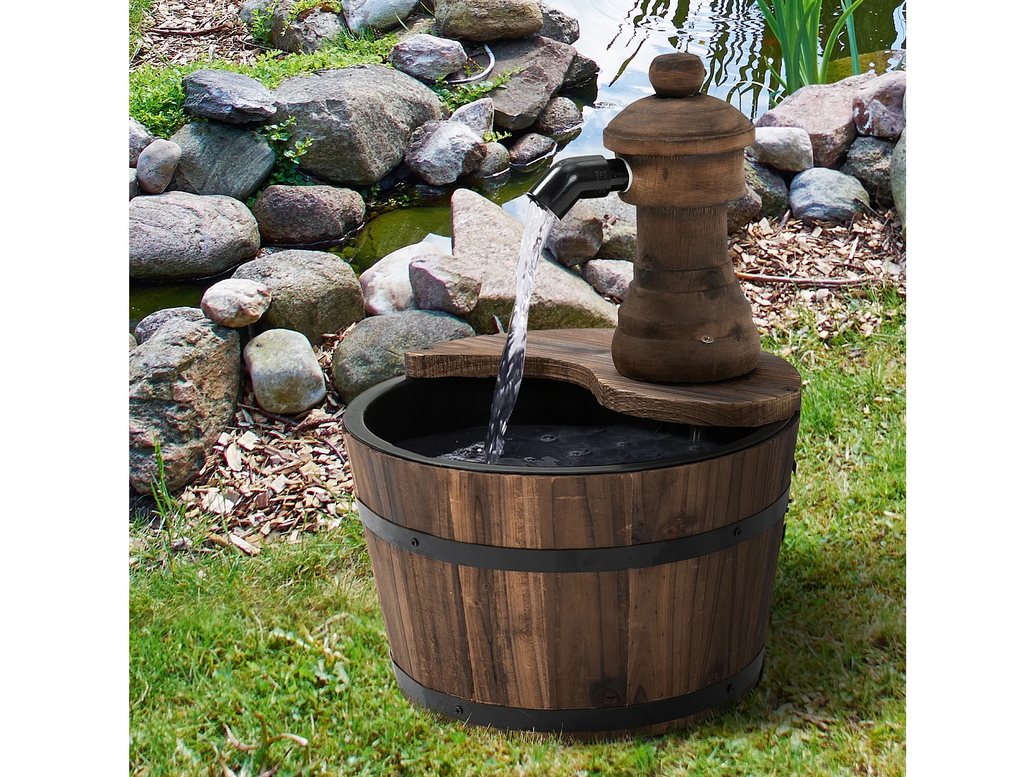 Fontaine de jardin tonneau pompe à eau submersible incluse Ø 27 x 37H cm bois de pin marron