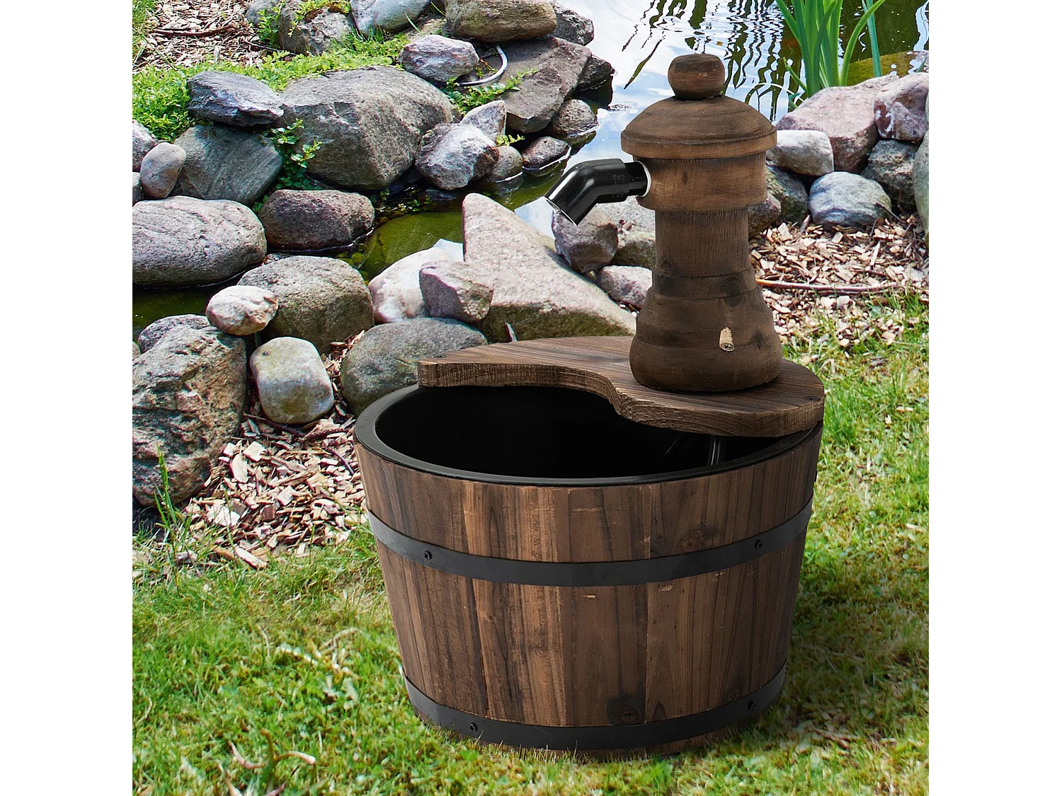 Fontaine de jardin tonneau pompe à eau submersible incluse Ø 27 x 37H cm bois de pin marron