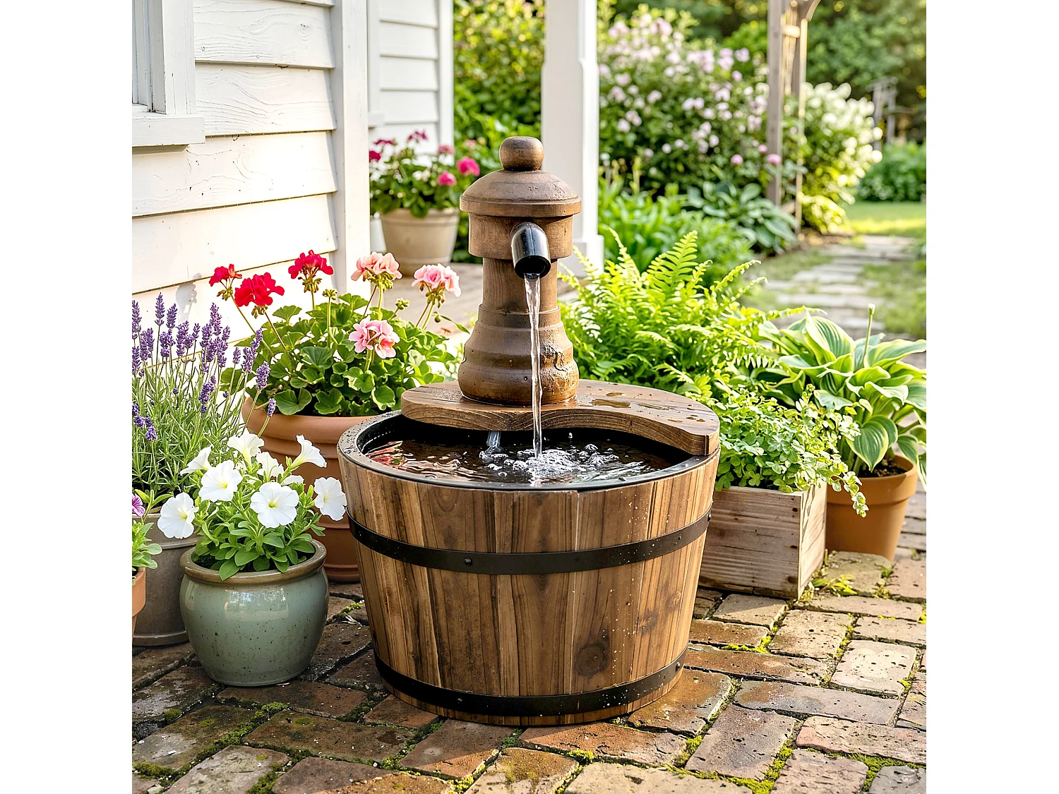 Fontaine de jardin tonneau pompe à eau submersible incluse Ø 27 x 37H cm bois de pin marron