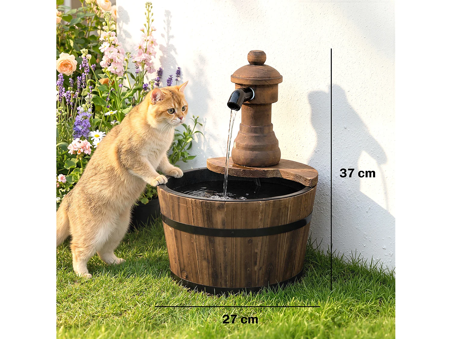 Fontaine de jardin tonneau pompe à eau submersible incluse Ø 27 x 37H cm bois de pin marron