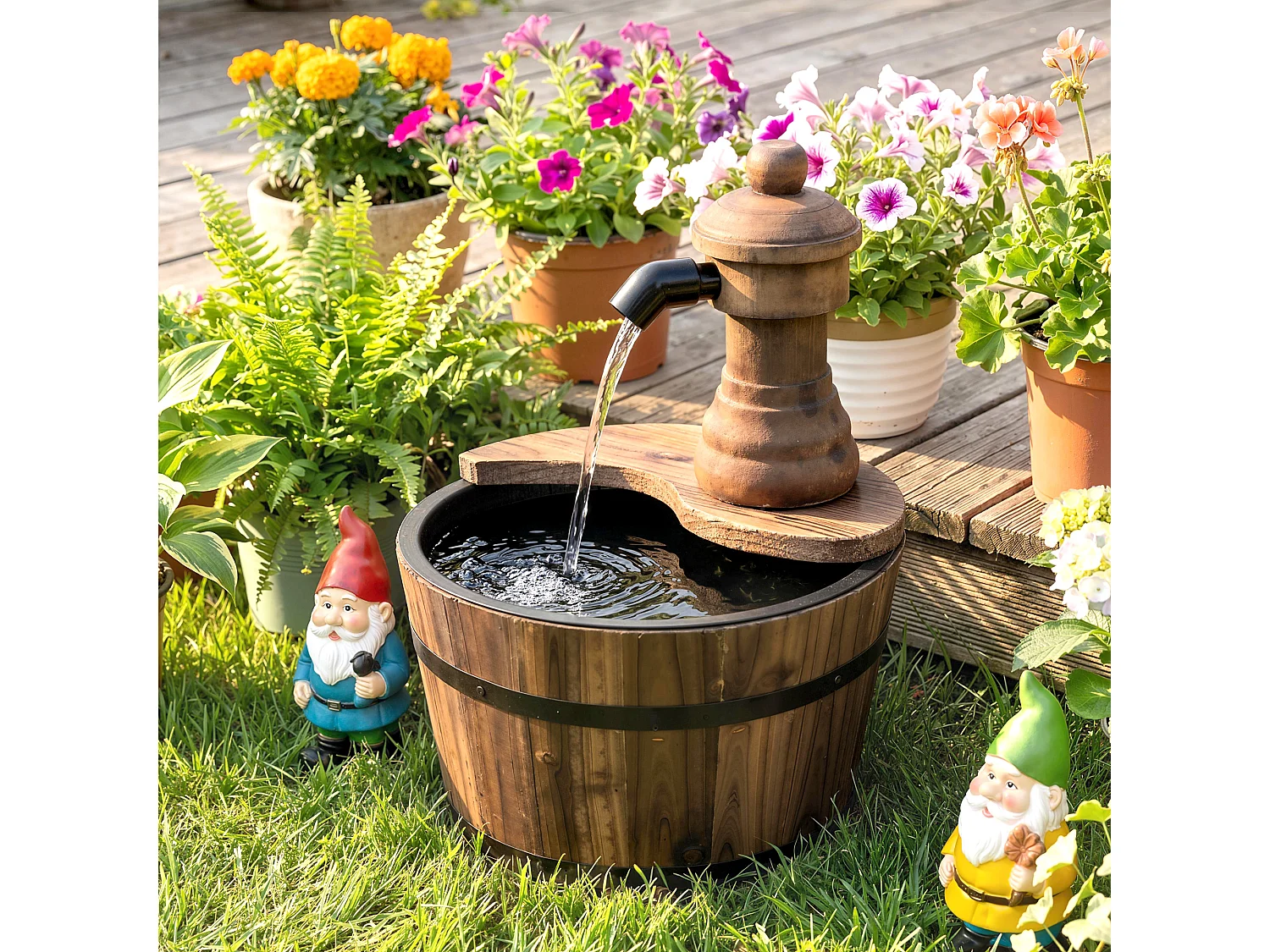 Fontaine de jardin tonneau pompe à eau submersible incluse Ø 27 x 37H cm bois de pin marron