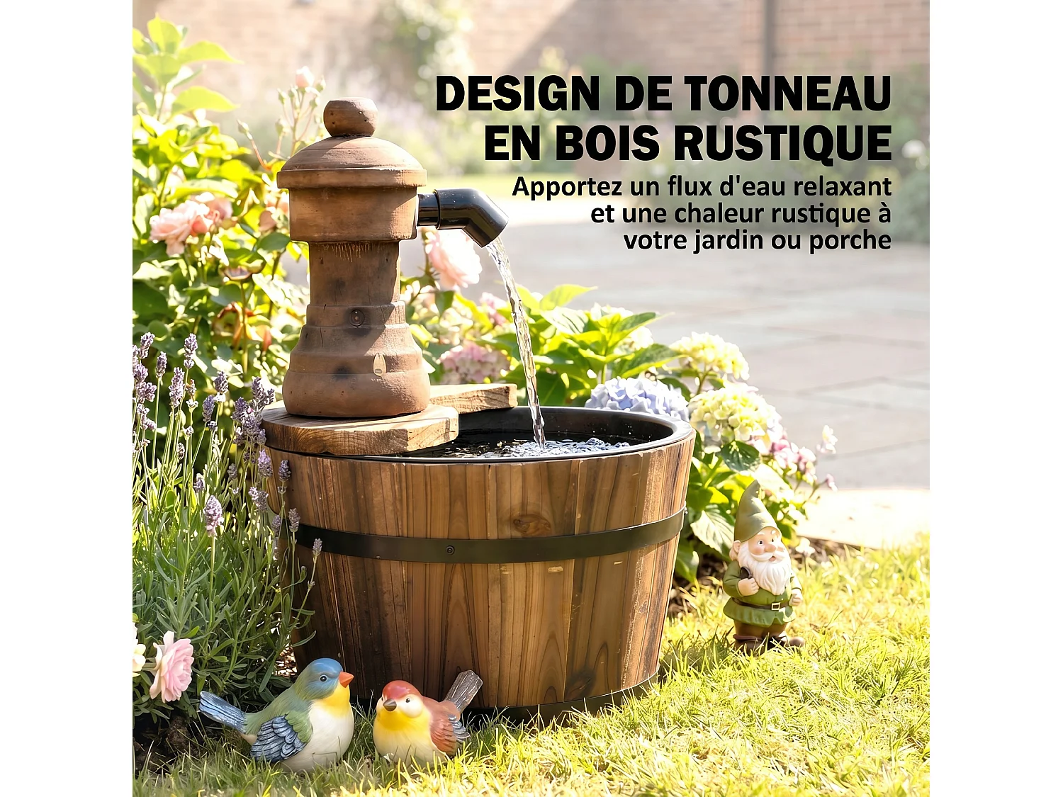 Fontaine de jardin tonneau pompe à eau submersible incluse Ø 27 x 37H cm bois de pin marron