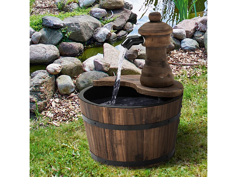 Fontaine de jardin tonneau pompe à eau submersible incluse Ø 27 x 37H cm bois de pin marron
