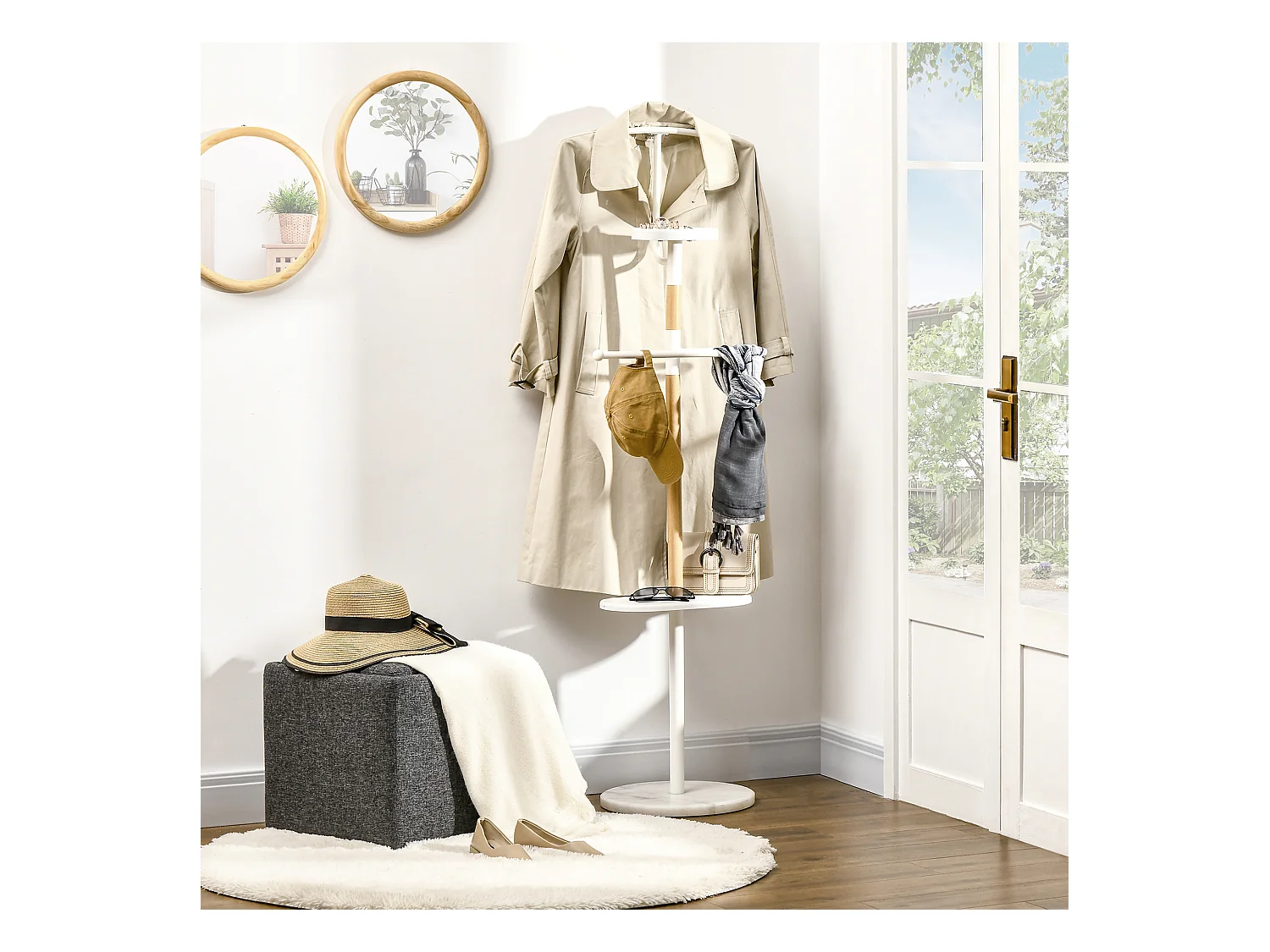 Valet de nuit - valet de chambre style nordique - 2 tiges, étagère, vide poche - piètement marbre blanc métal bois de hêtre