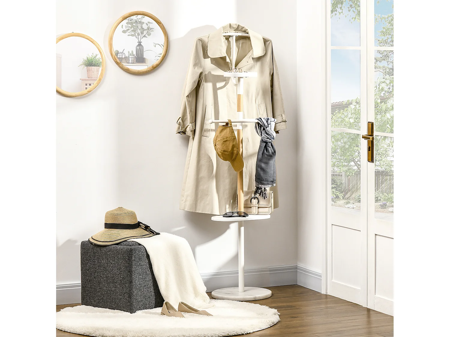 Valet de nuit - valet de chambre style nordique - 2 tiges, étagère, vide poche - piètement marbre blanc métal bois de hêtre